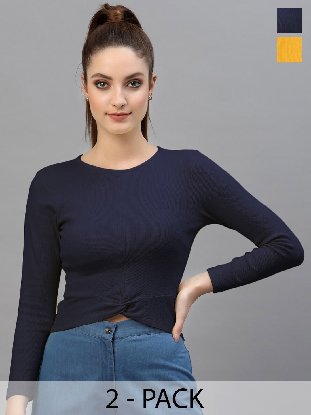 

Friskers Pack Of 2 Round Neck Long Sleeves Cotton Fitted Crop Top, Navy blue