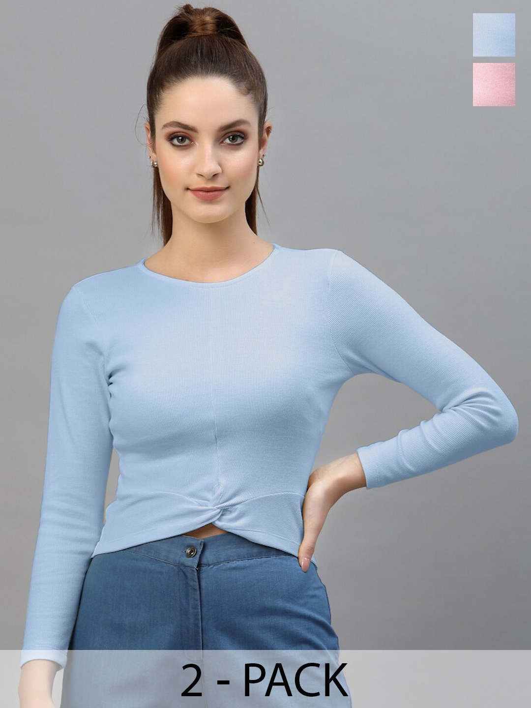 

Friskers Pack Of 2 Round Neck Long Sleeves Cotton Fitted Crop Top, Turquoise blue