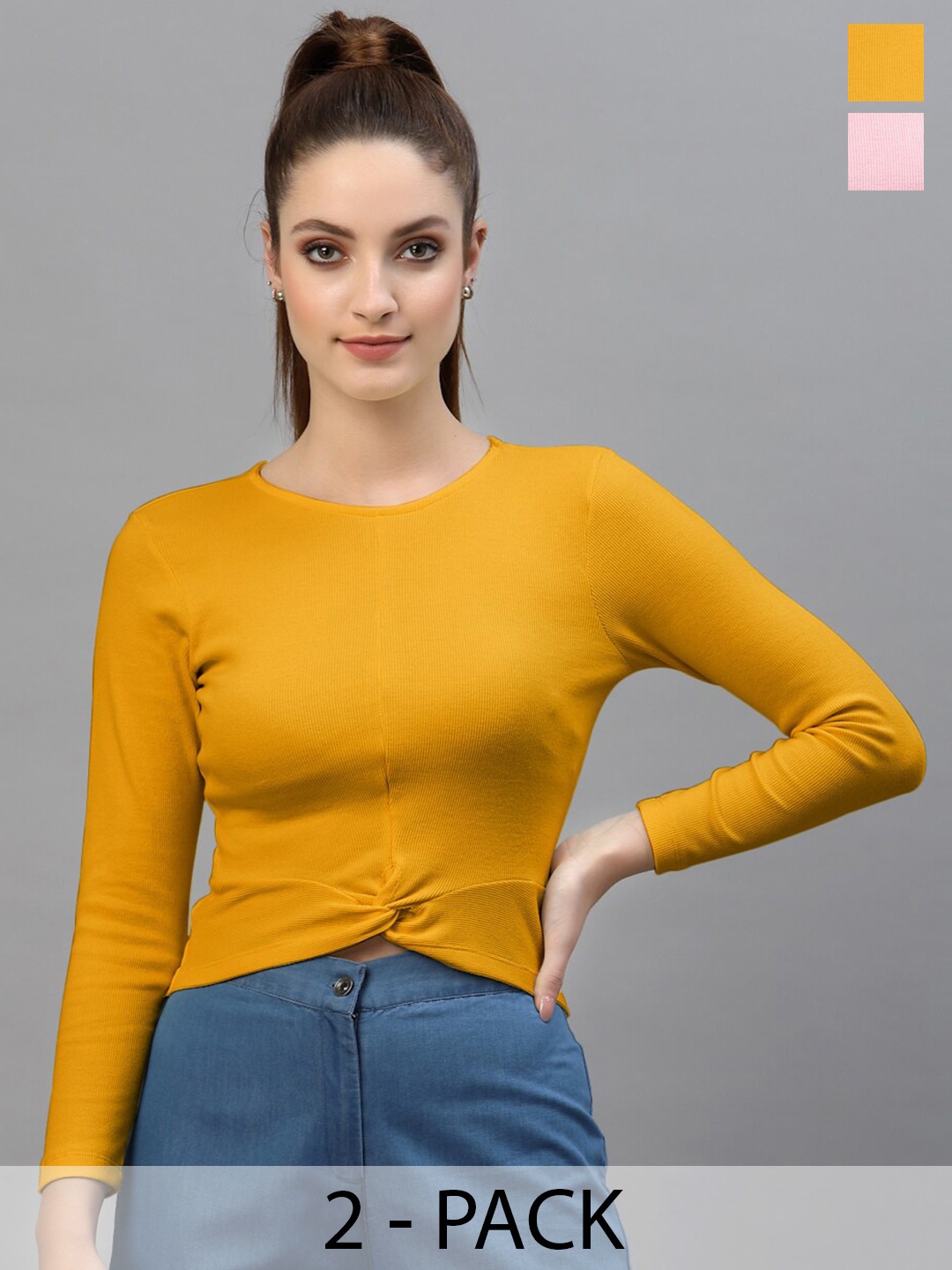 

Friskers Pack Of 2 Round Neck Long Sleeves Cotton Fitted Crop Top, Mustard