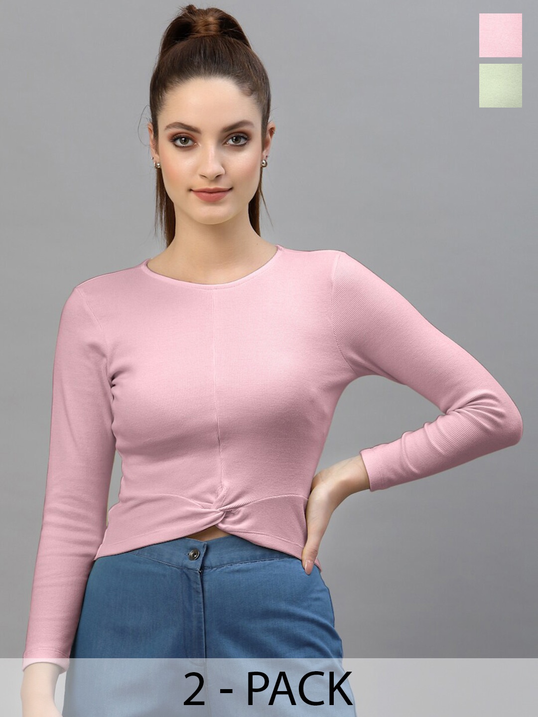 

Friskers Pack Of 2 Round Neck Long Sleeves Cotton Fitted Crop Top, Coral