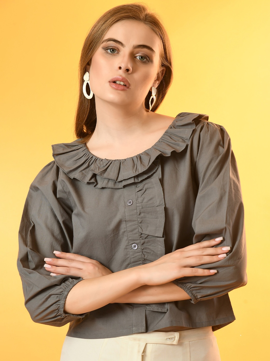 

PRETTY LOVING THING Round Neck Puff Sleeve Cotton Top, Grey