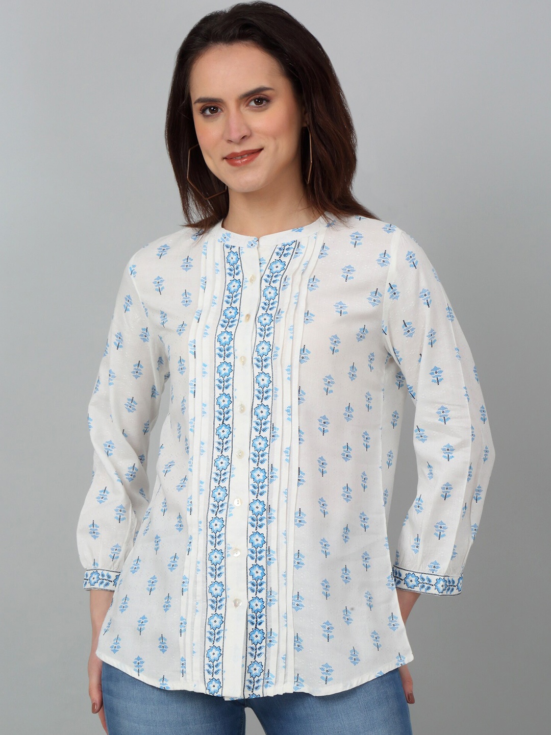 

Cantabil Ethnic Motifs Printed Mandarin Collar Tunic, Off white