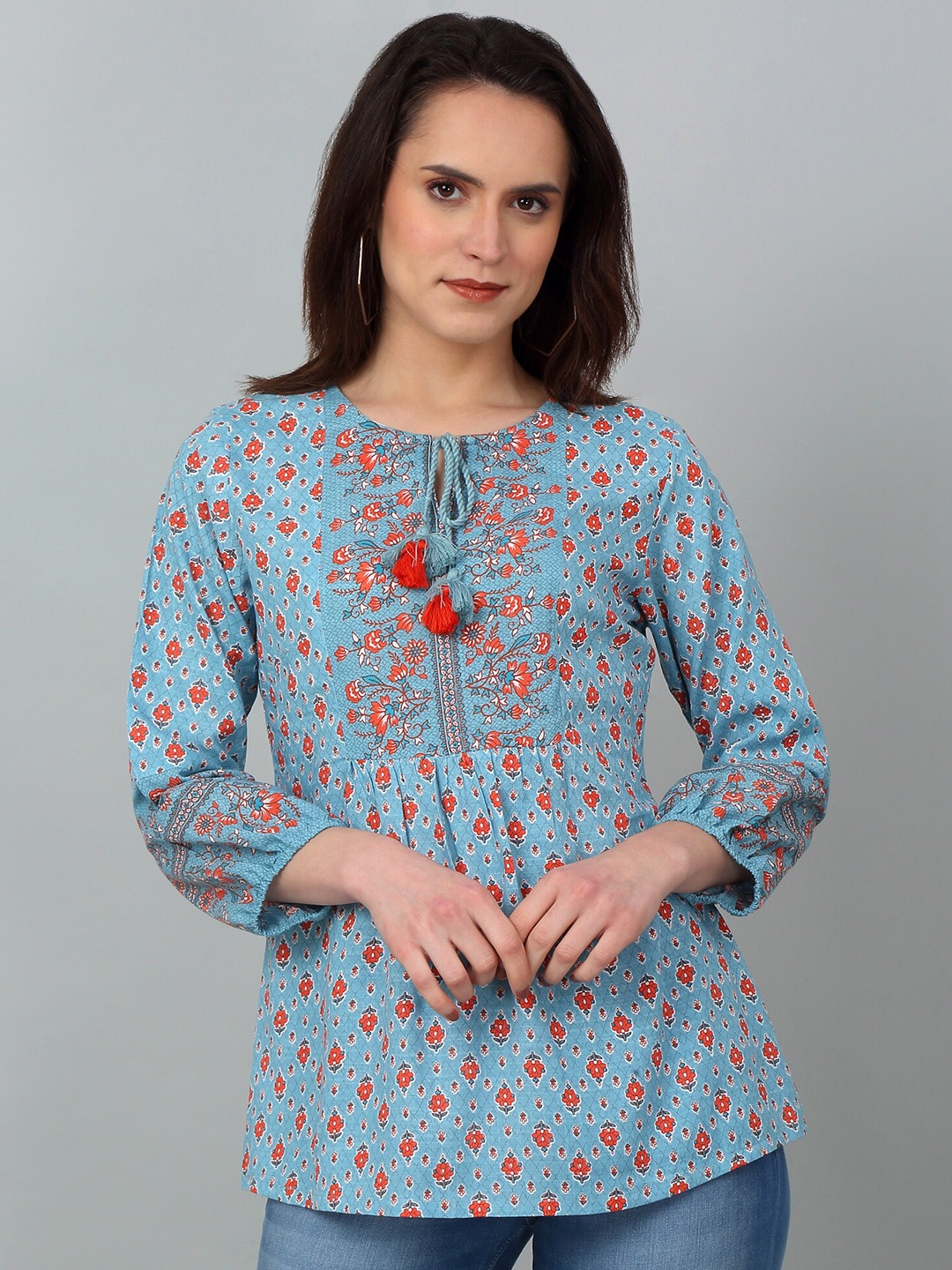 

Cantabil Ethnic Motifs Printed Tie-Up Neck Gathered Detailed Tunic, Blue