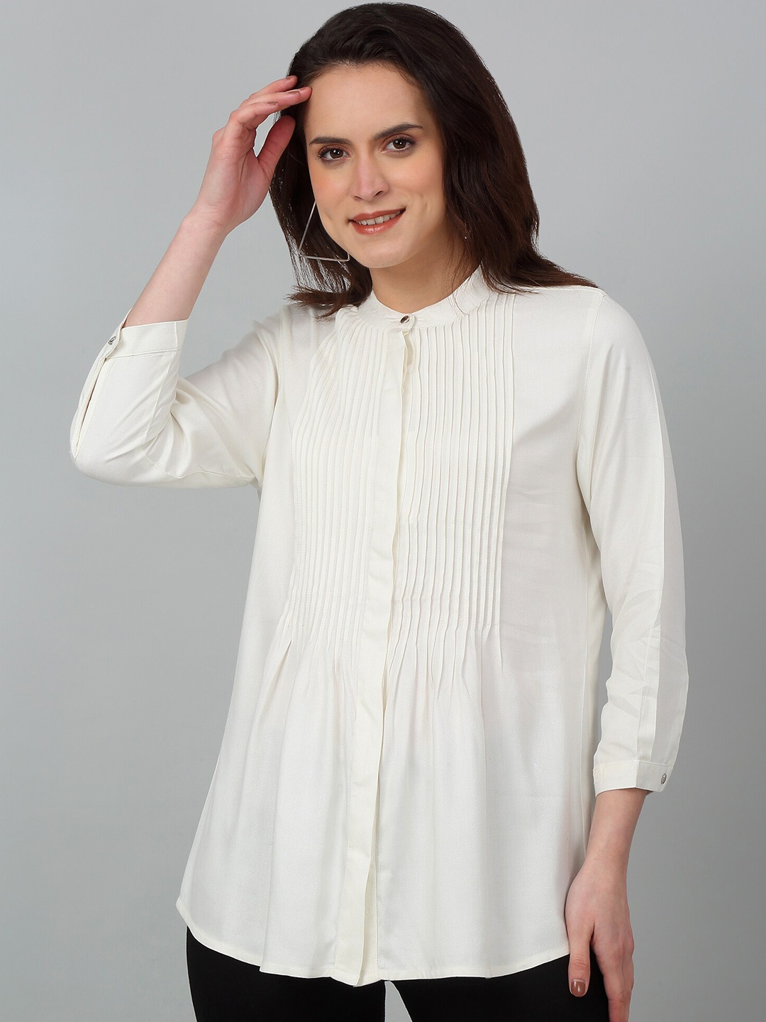 

Cantabil Band Collar Pleated Detailed Tunic, Off white