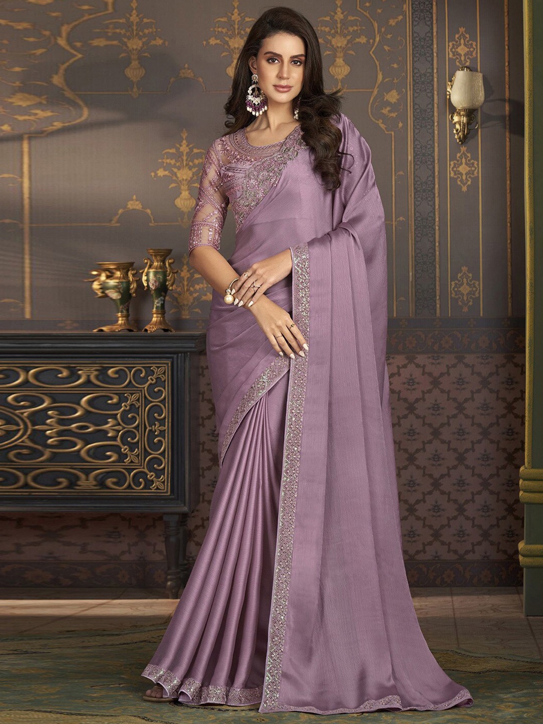 

Mitera Embroidered Satin Dyed Embellished Saree, Lavender