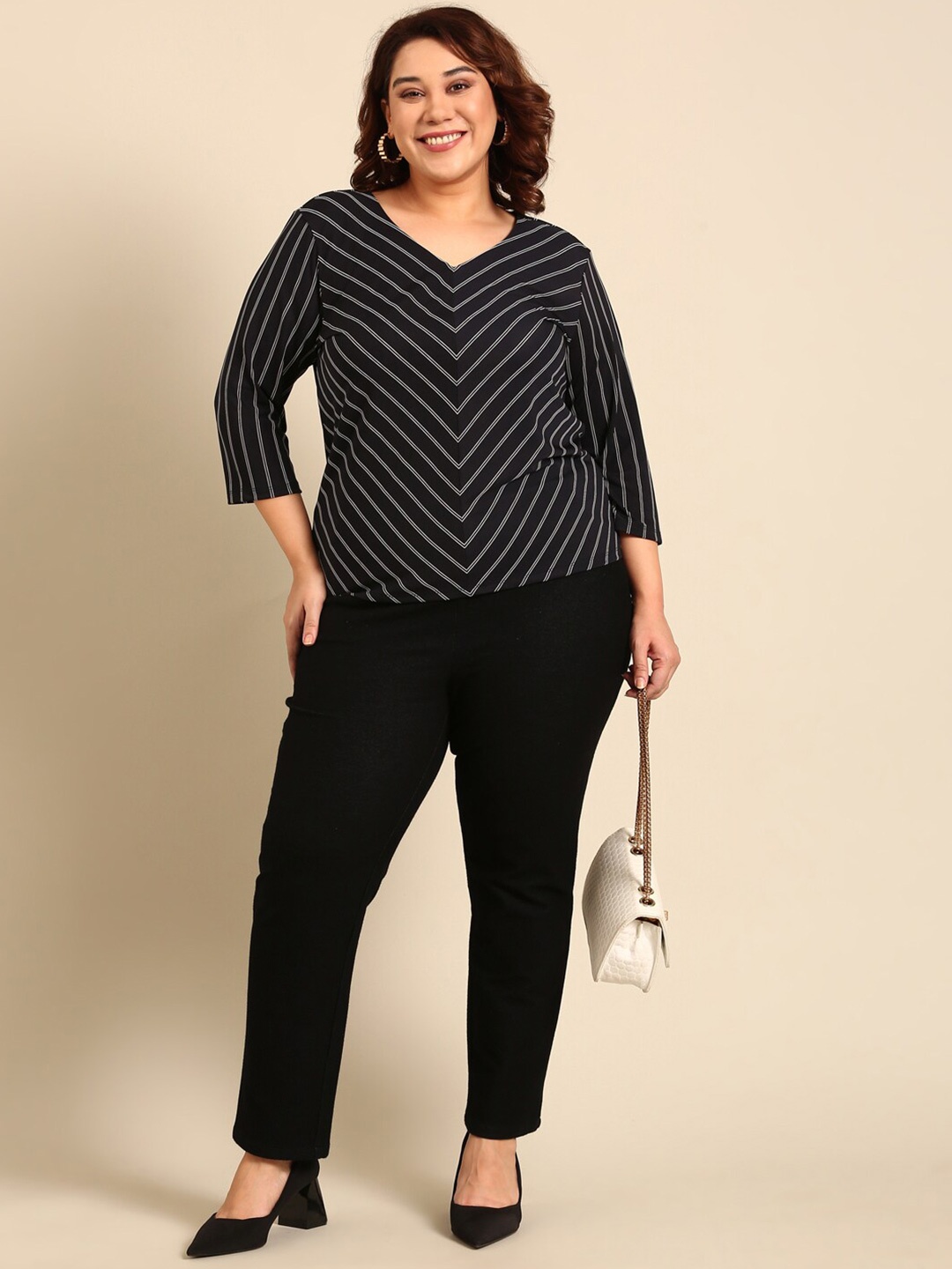 

The Pink Moon Striped V-Neck Plus Size Top, Navy blue