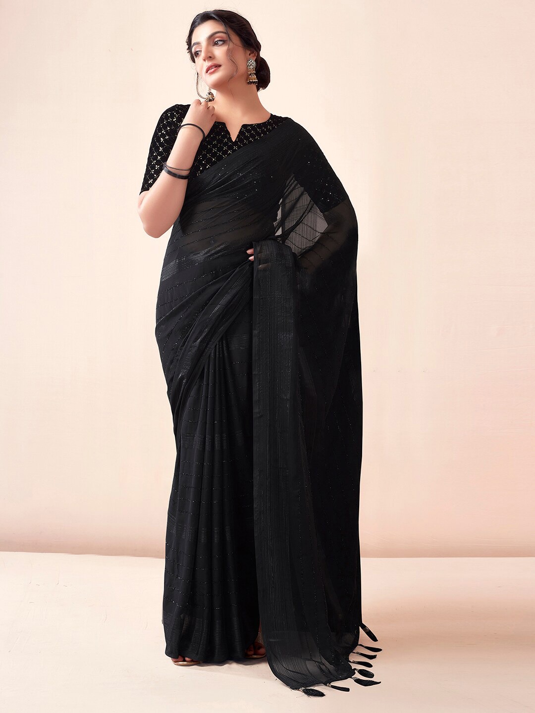 

KALINI Striped Leheriya Saree, Black