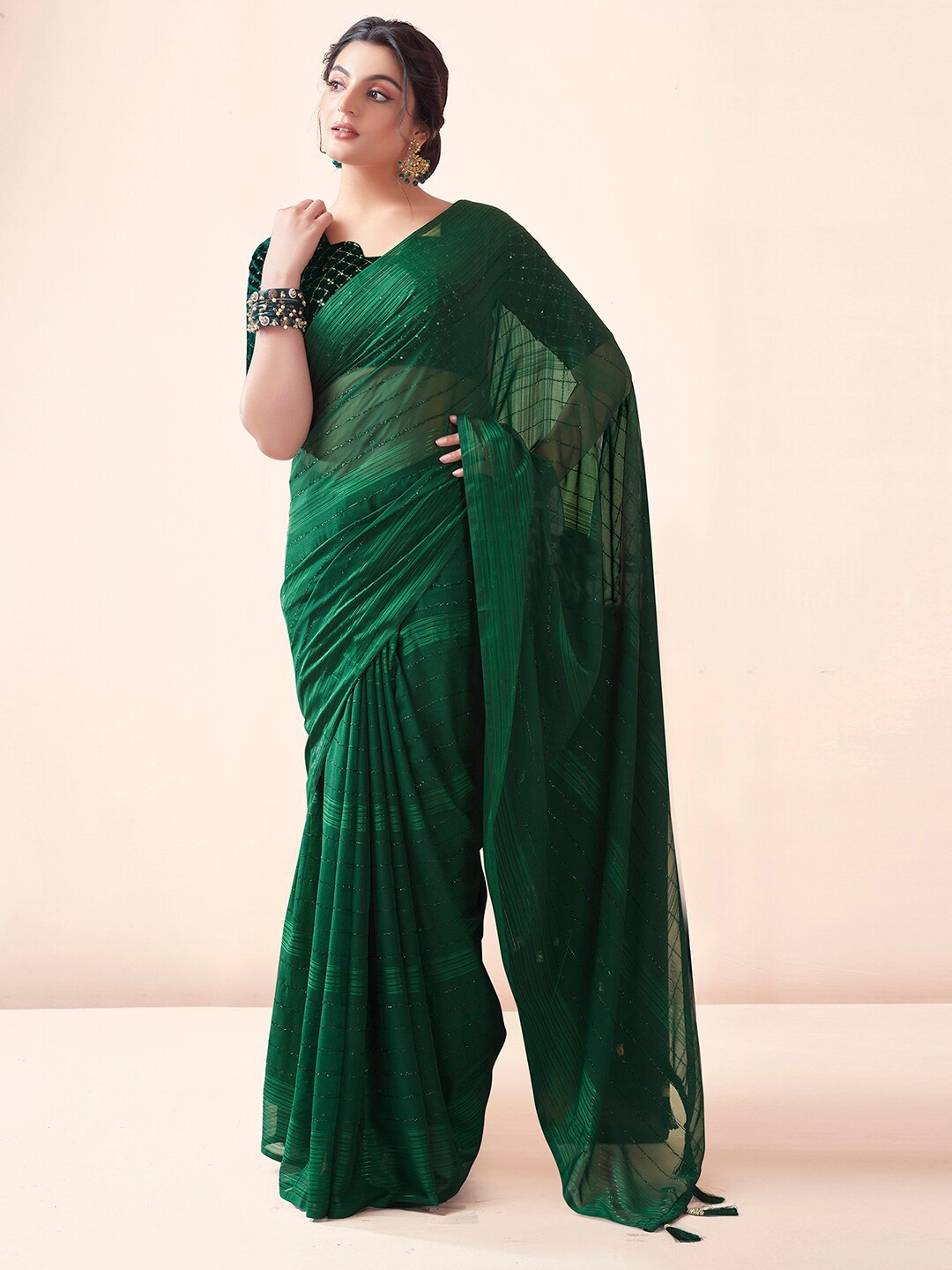 

KALINI Striped Detailed Saree, Green