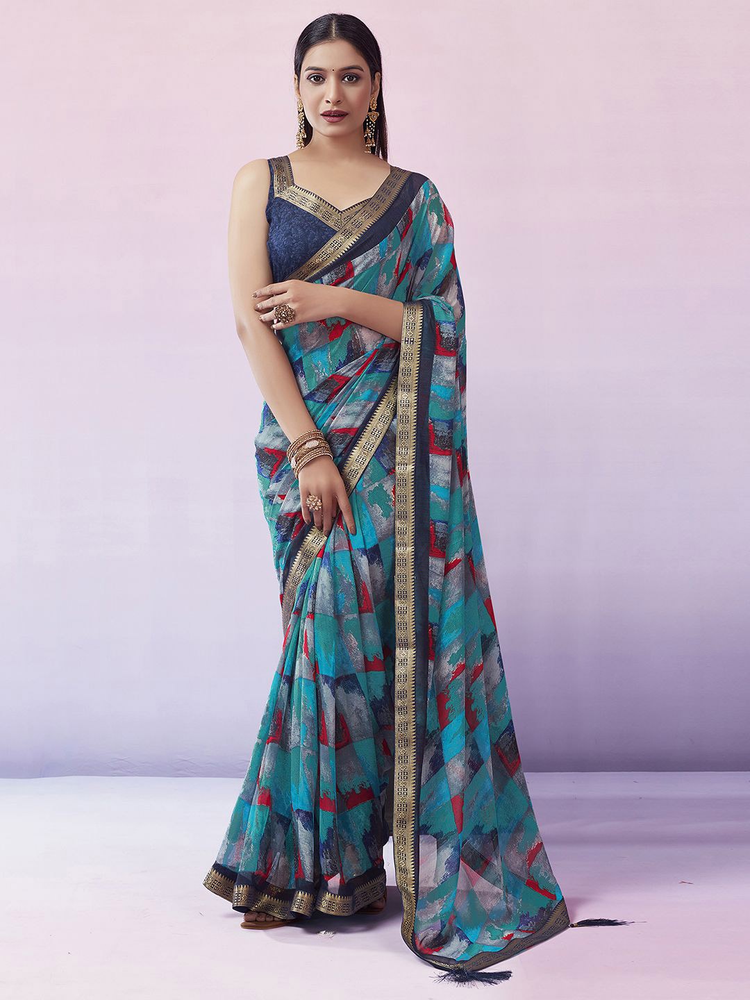 

KALINI Printed Sungudi Saree, Blue