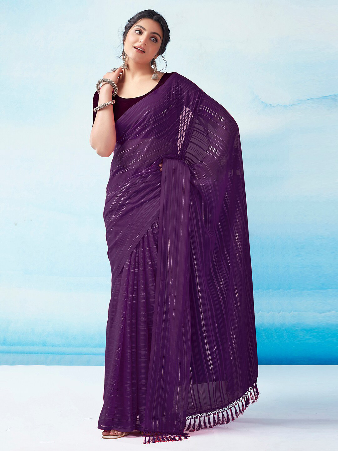 

KALINI Striped Poly Georgette Saree, Purple