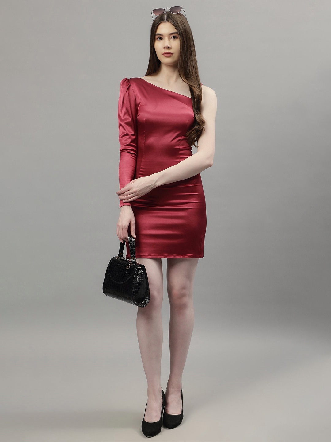 

NUEVOSDAMAS Off-Shoulder Puff Sleeve Satin Bodycon Dress, Maroon