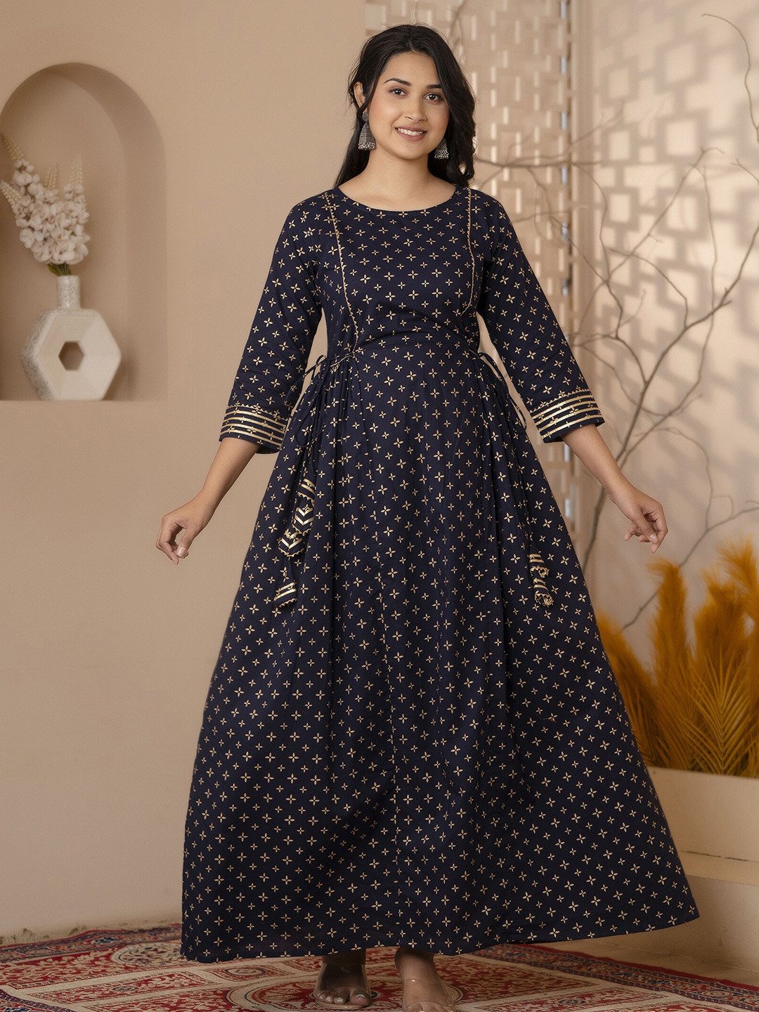 

Nayo Ethnic Motifs Printed Cotton Maxi Dress, Navy blue