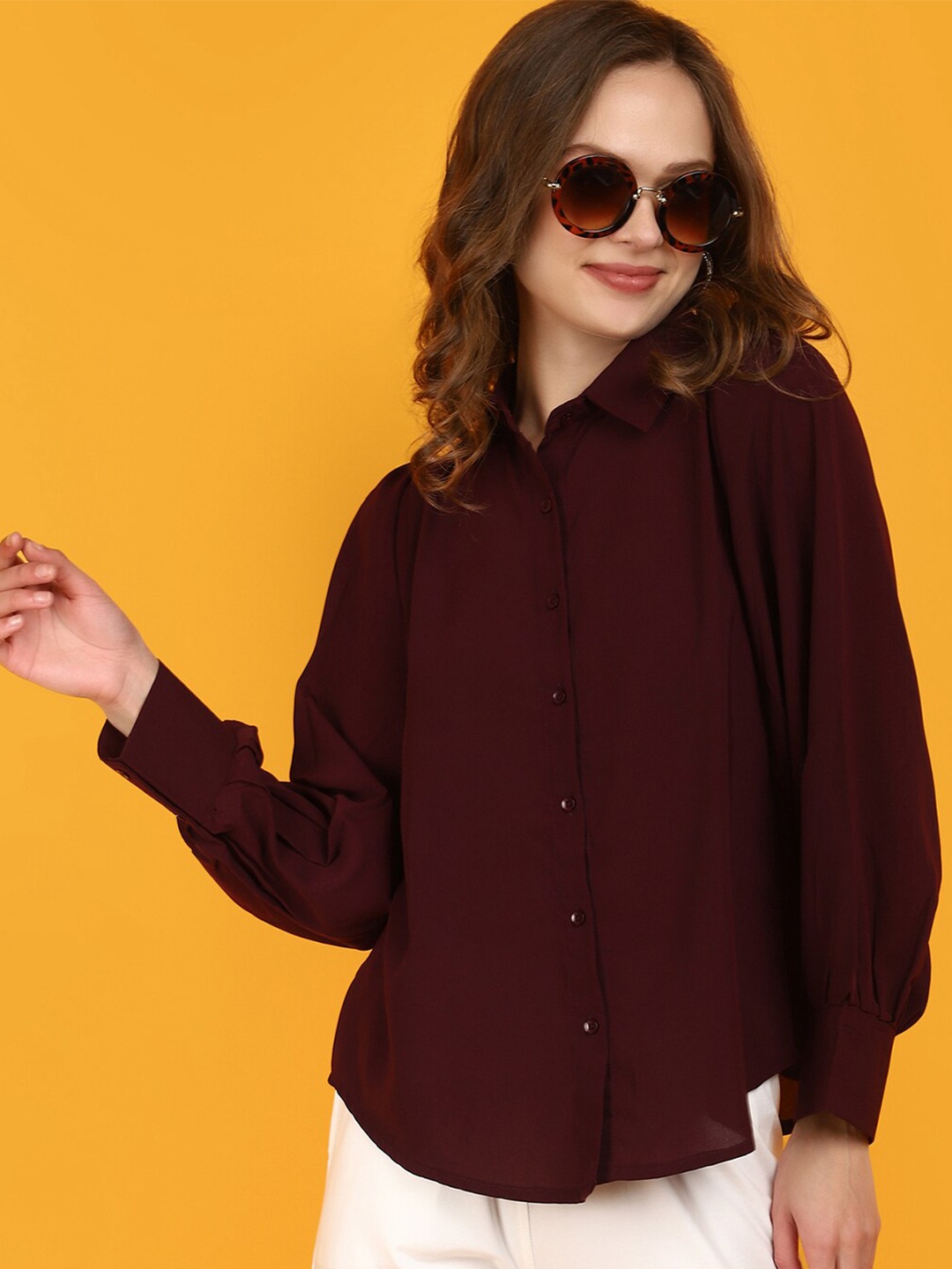 

V-Mart Spread Collar Puff Sleeves Casual Shirt, Maroon