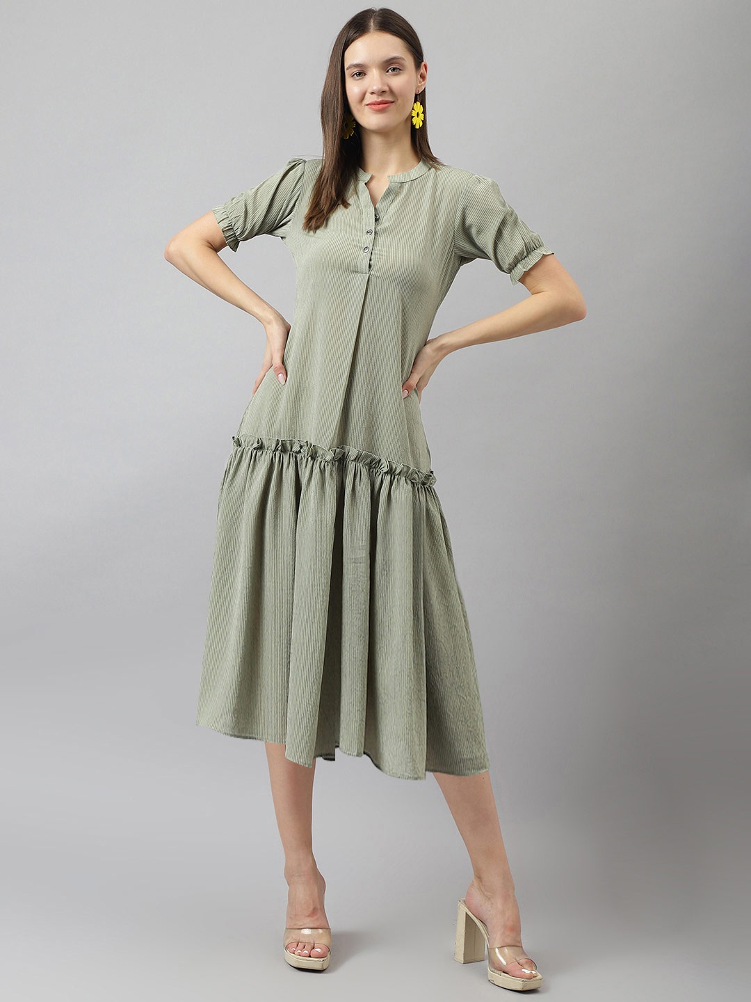 

TOOCHKI Striped Notch Neck Puff Sleeves Georgette Fit and Flare Dress, Green