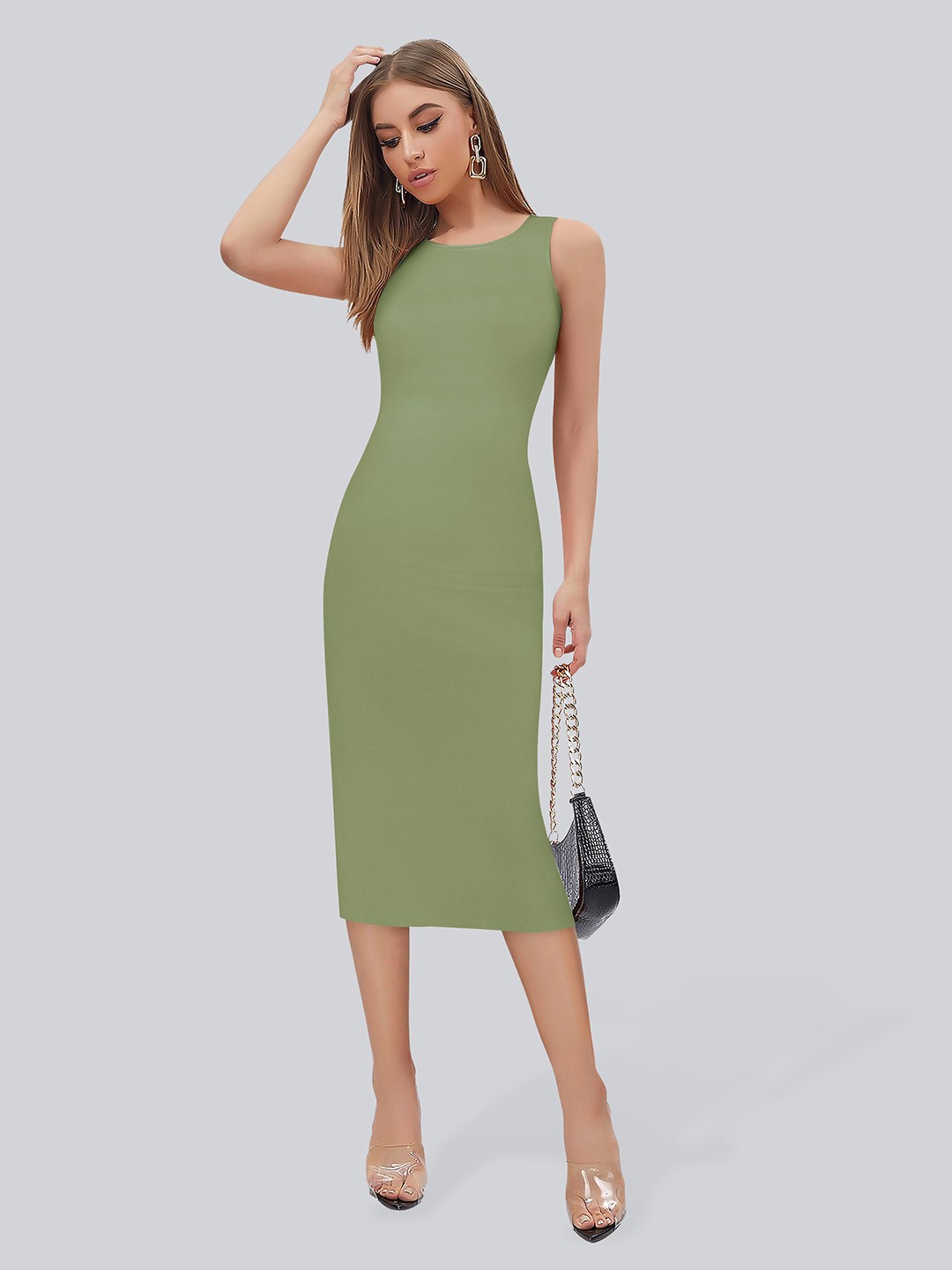 

TOOCHKI Round Neck Sleeveless Bodycon Midi Dress, Green