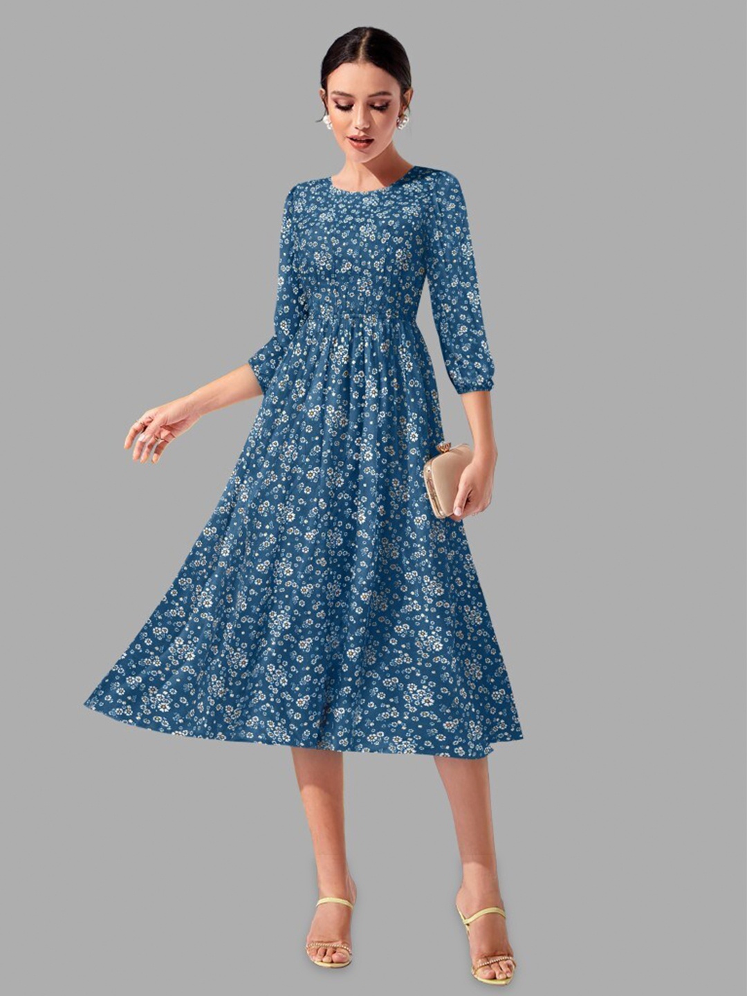 

TOOCHKI Round Neck Floral Printed Puff Sleeves Cotton Fit & Flare Midi Dress, Blue