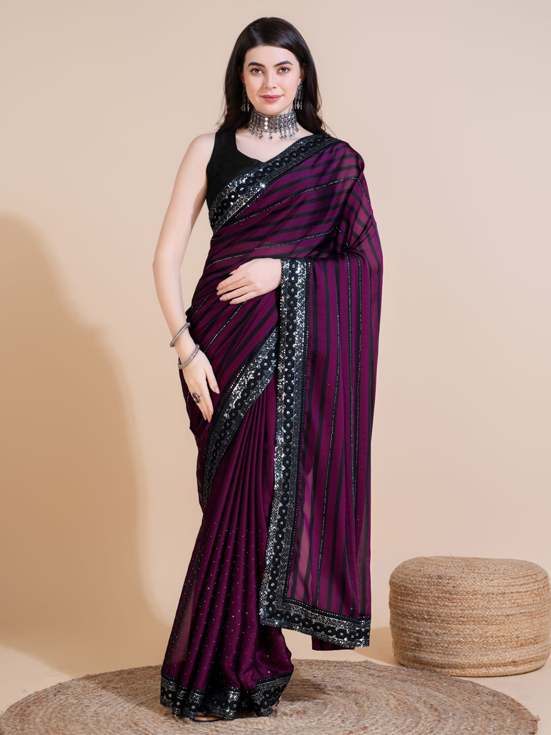 

JATRIQQ Striped Sequinned Leheriya Saree, Purple