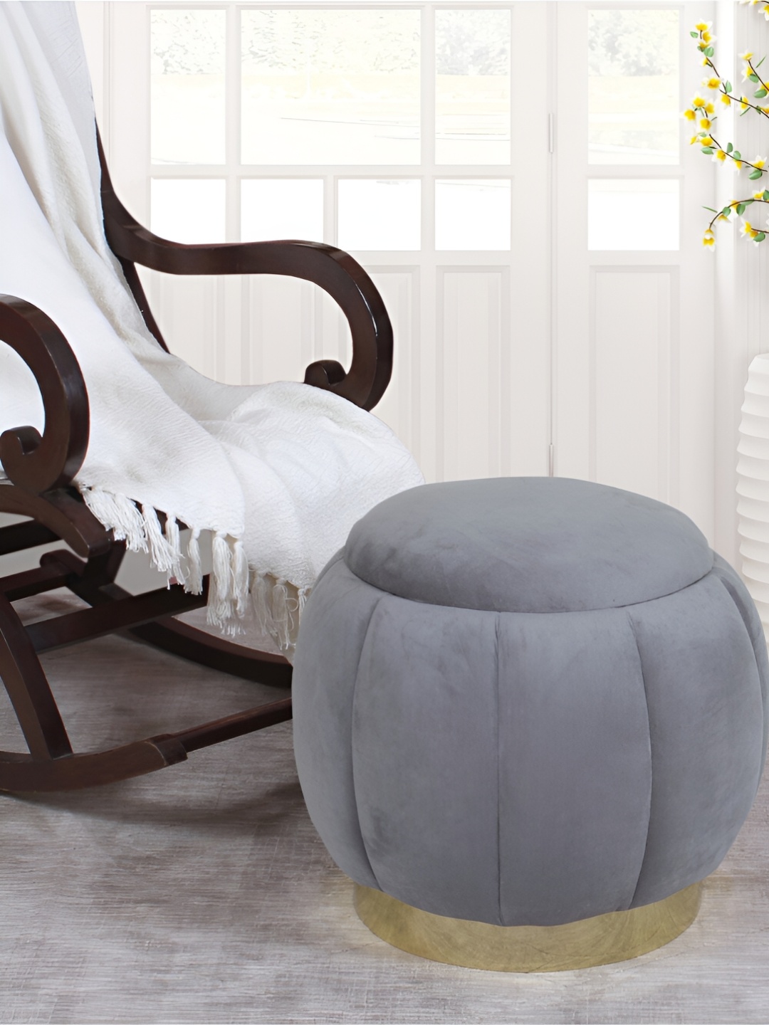 

Shadowkart Grey & Gold-Toned Wooden Round Ottoman