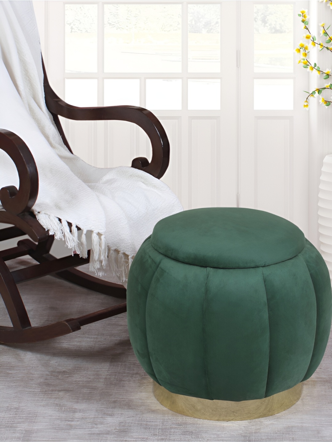 

Shadowkart Green & Gold-Toned Wooden Round Ottoman