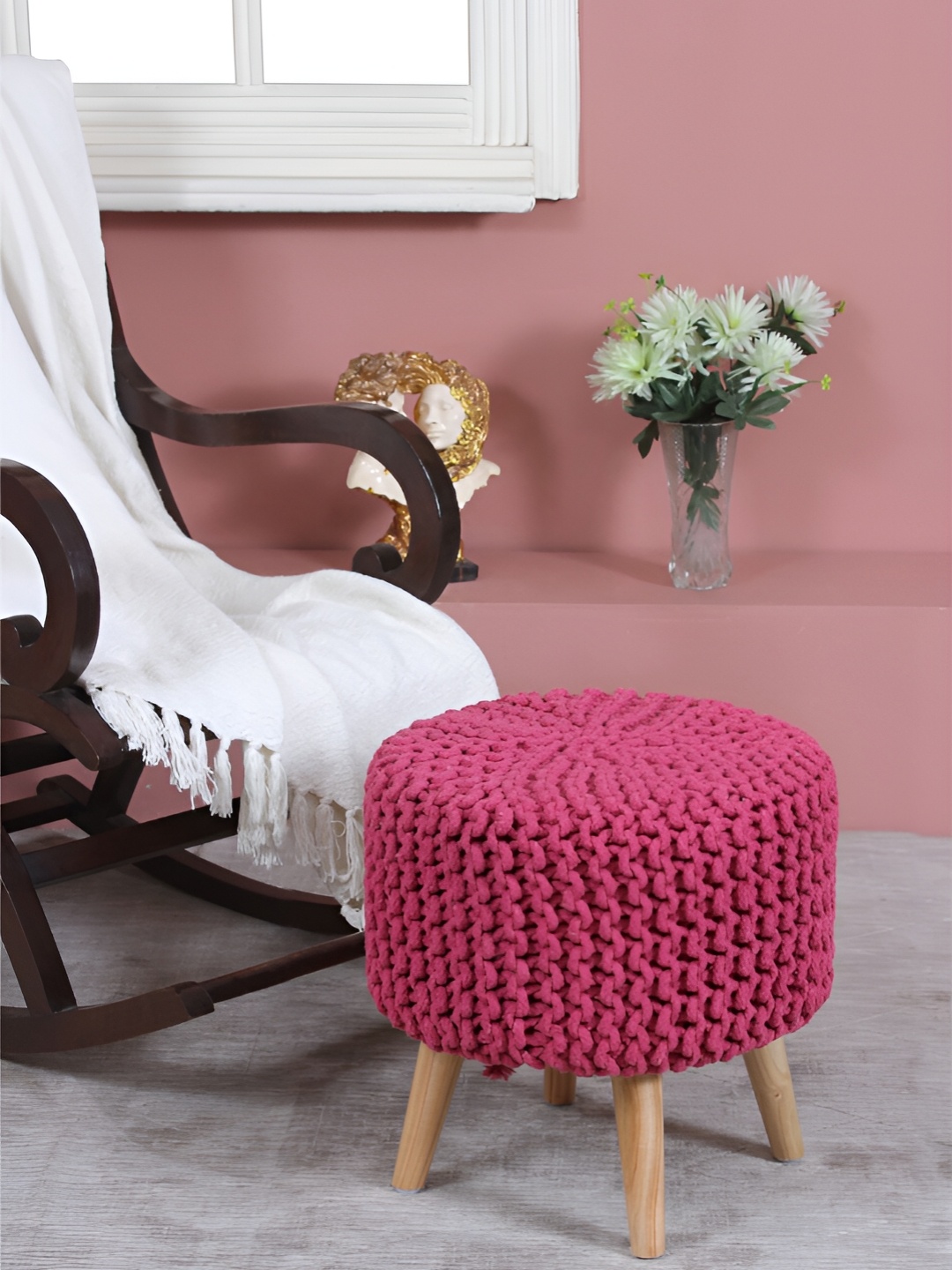 

Shadowkart Pink & Brown Textured Braided Wooden Round Ottoman