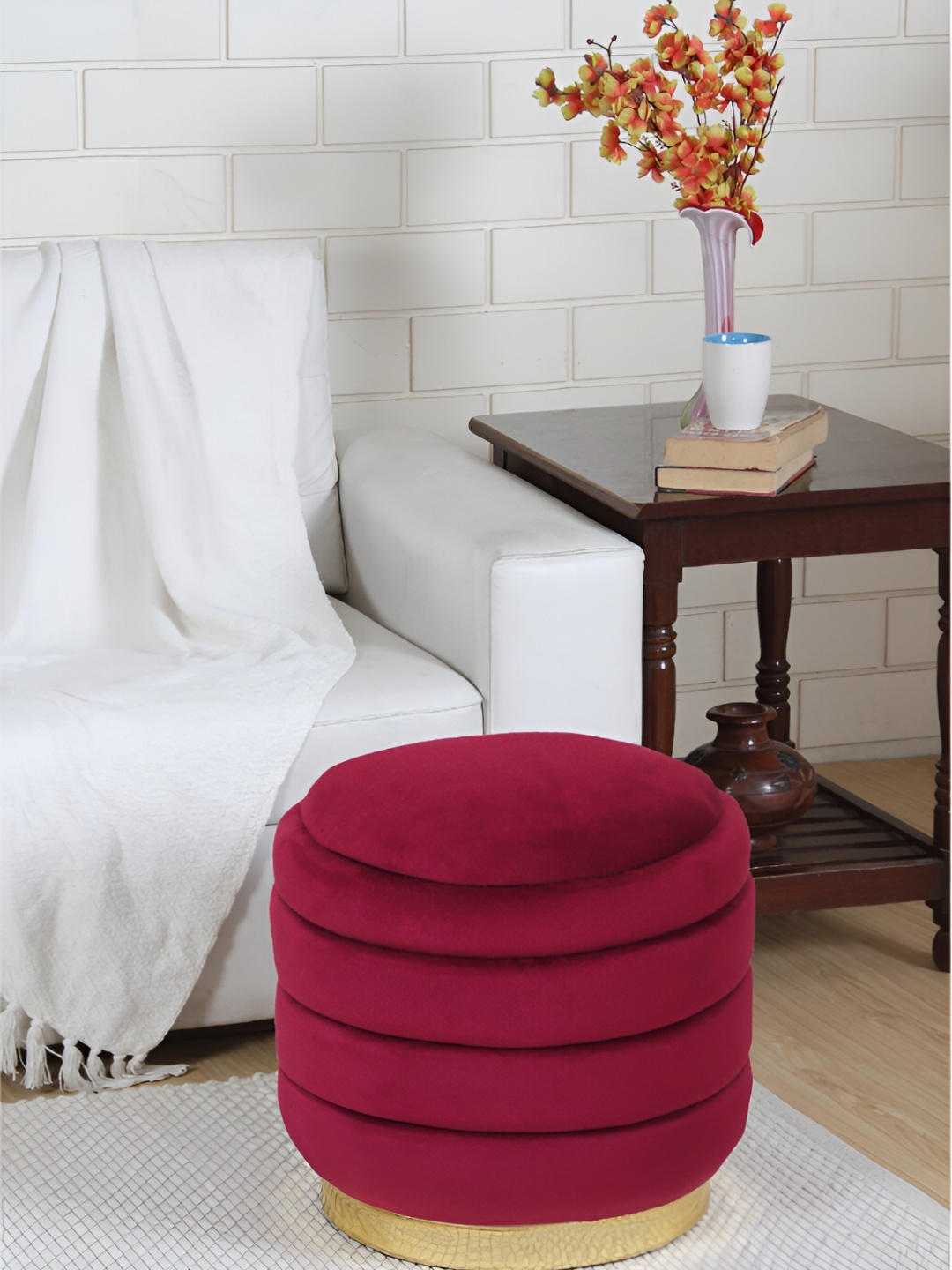 

Shadowkart Maroon & Goold-Toned Wooden Round Ottoman