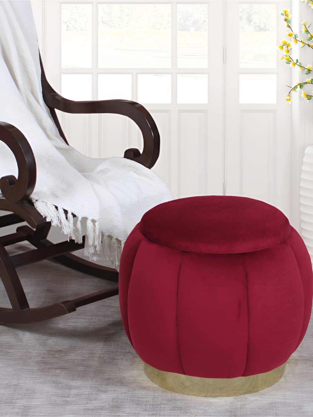 

Shadowkart Maroon & Goold-Toned Wooden Round Ottoman