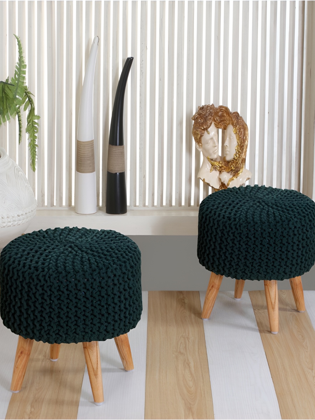 

Shadowkart Green & Brown 2 Pieces Textured Braided Wooden Round Ottomans, Black