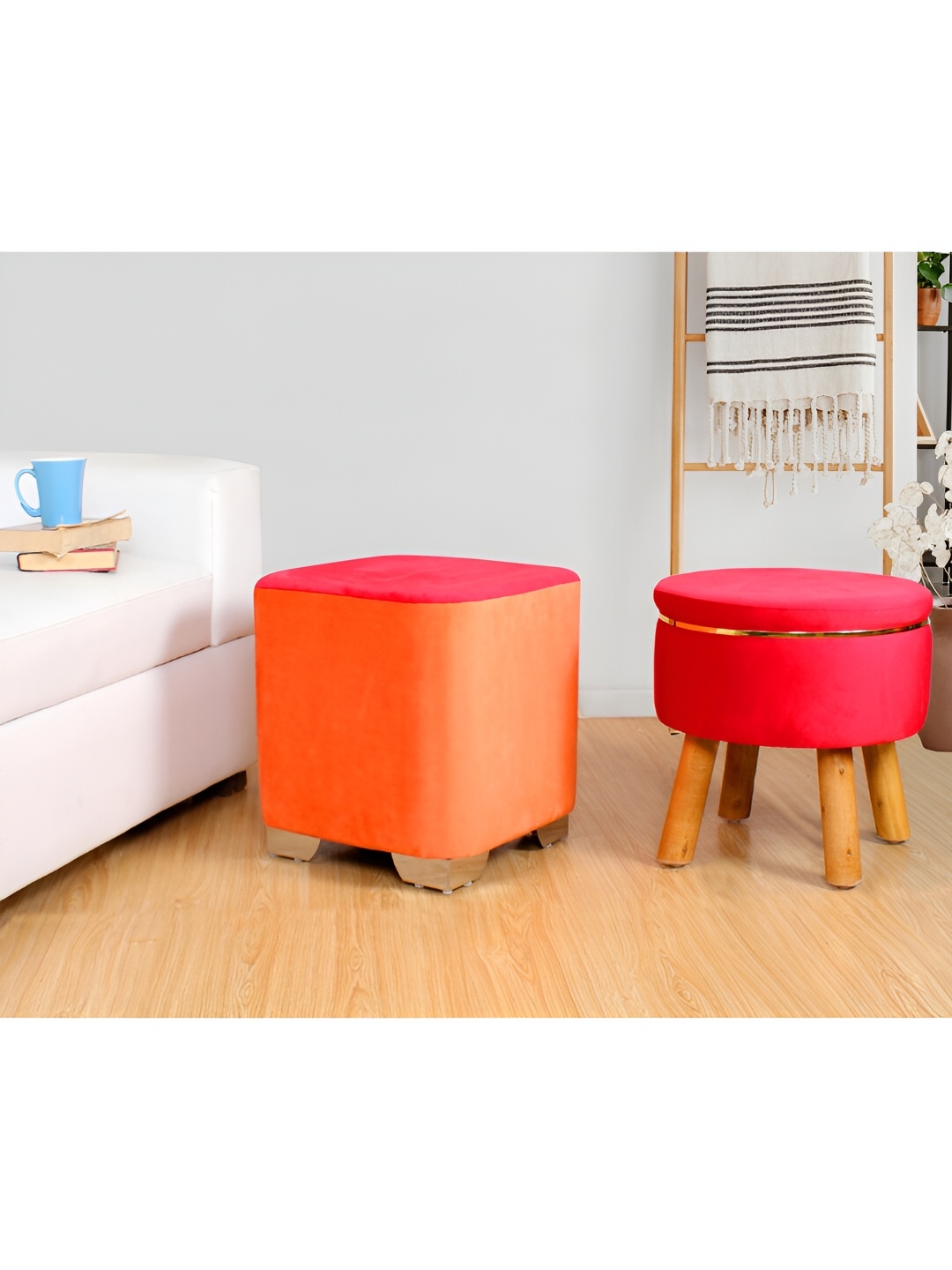 

Shadowkart Pink & Orange 2 Pieces Wooden Cylindrical Ottomans