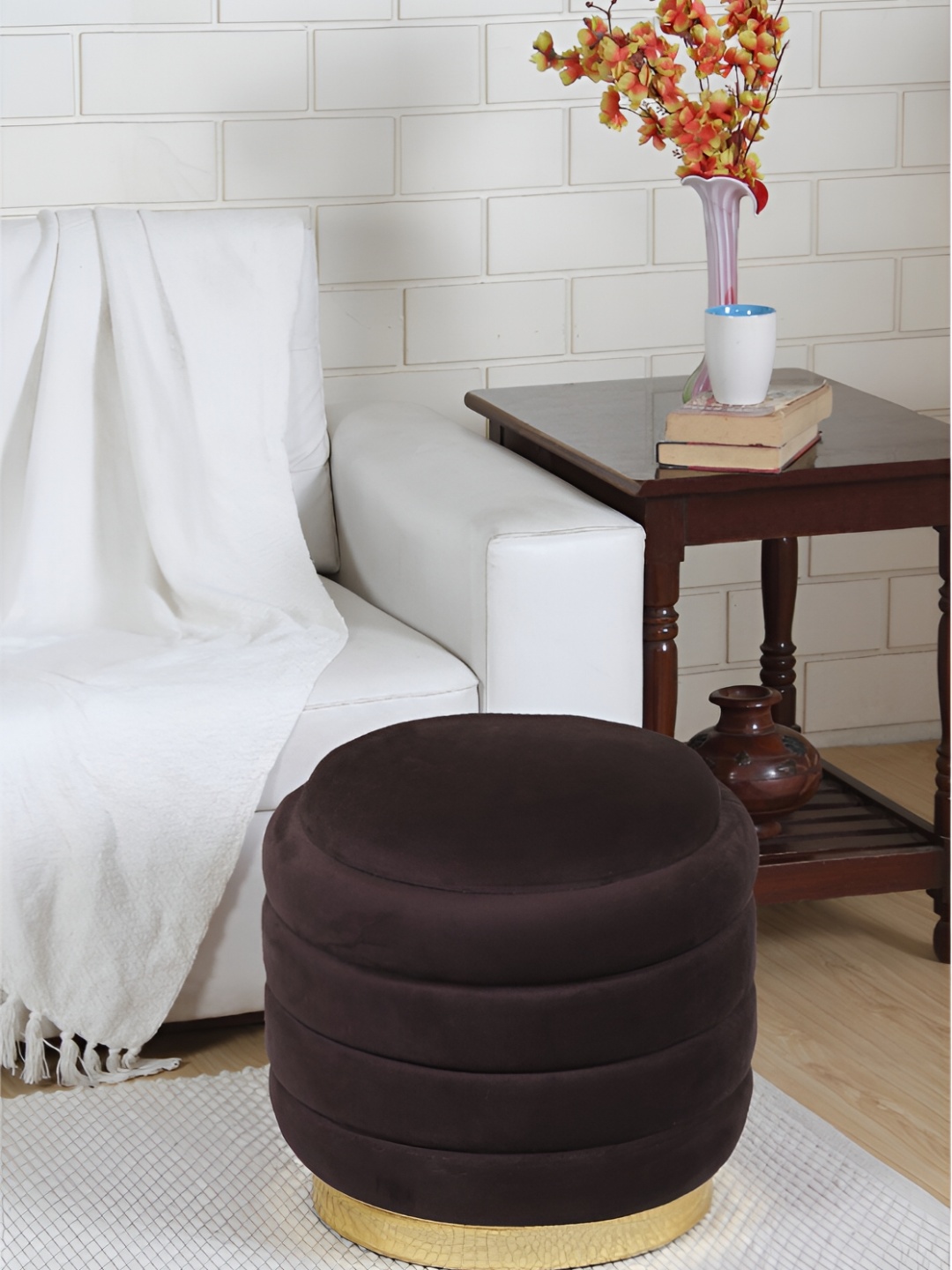 

Shadowkart Coffee Brown & Gold-Toned Wooden Round Ottoman