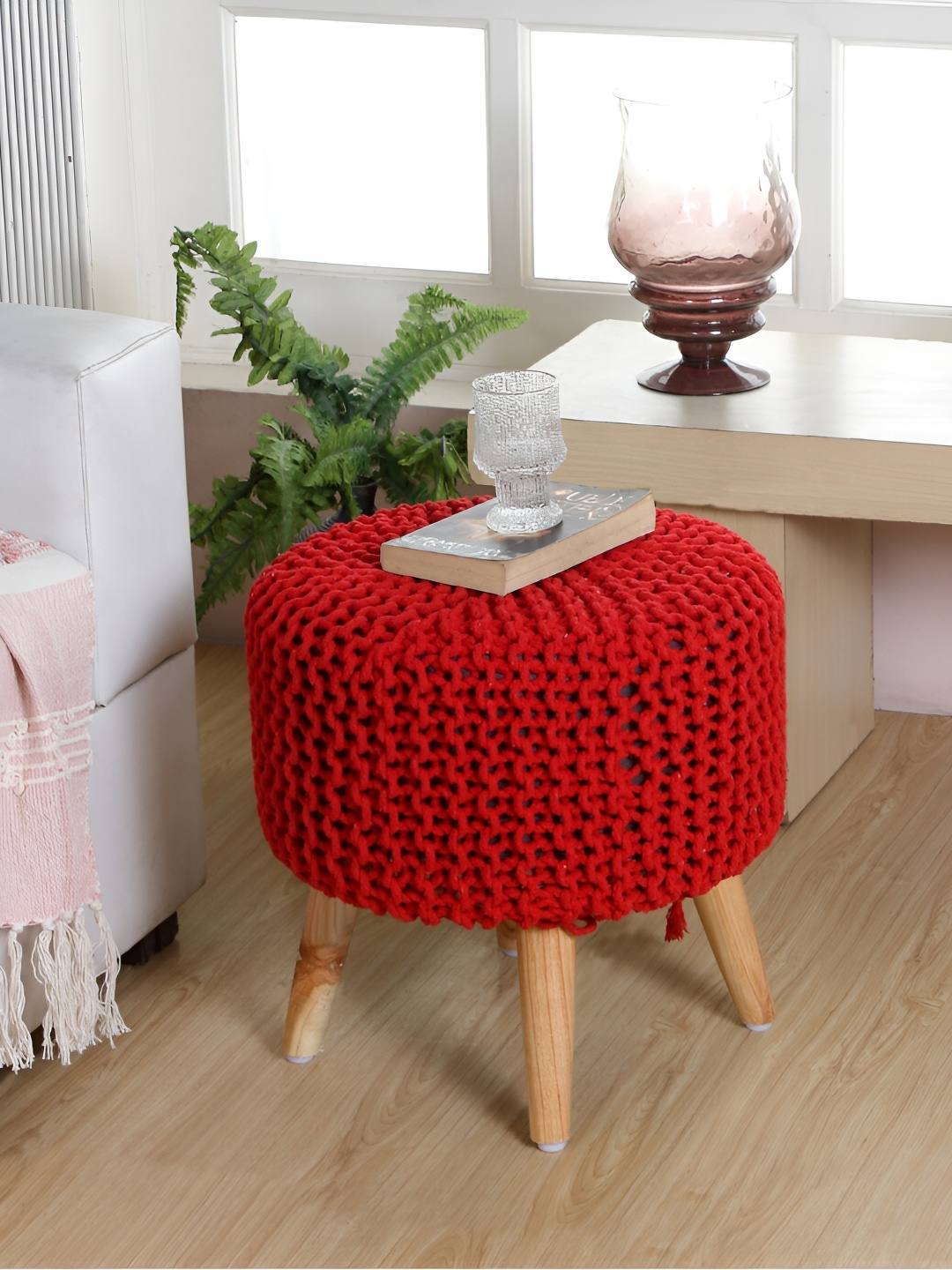 

Shadowkart Red & Brown Textured Braided Wooden Round Ottomans