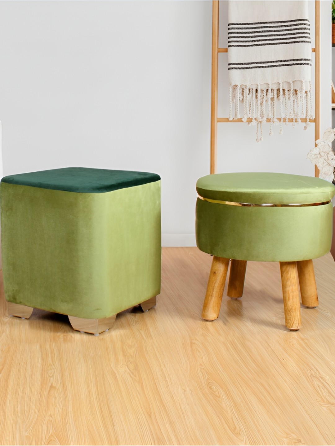 

Shadowkart Green & Brown 2 Pieces Wooden Cylindrical Ottomans