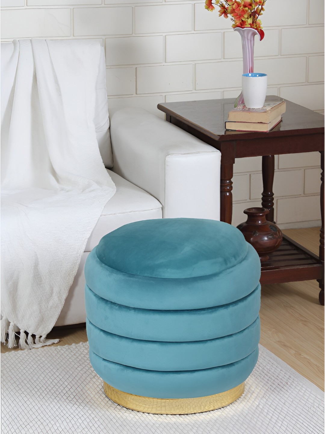 

Shadowkart Blue Wooden Round Ottoman