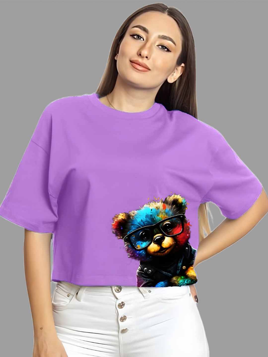 

Elibolz Teddy Front Printed Crop Length Oversized Cotton T shirt, Lavender