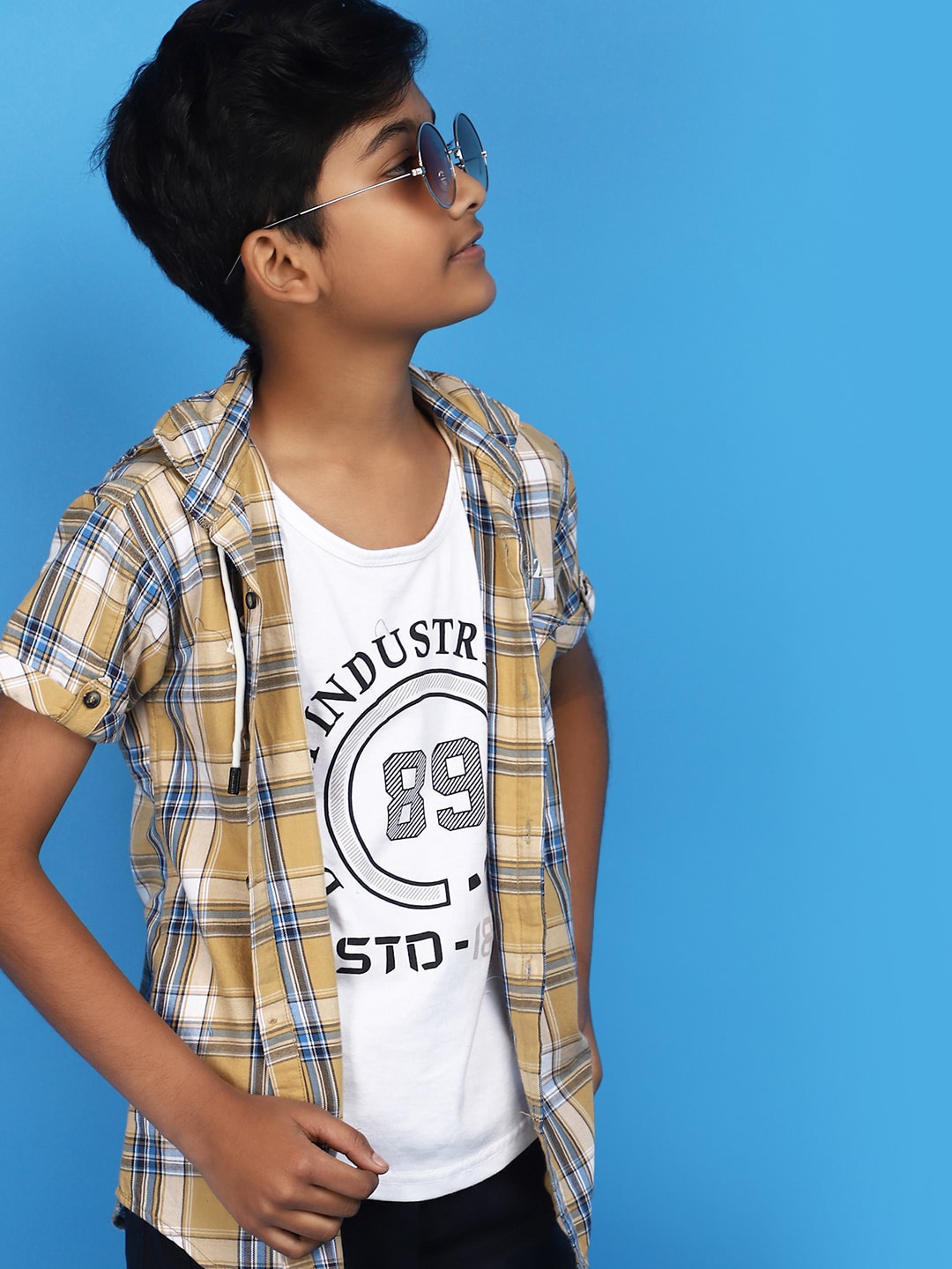 

V-Mart Boys Hooded Neck Short Sleeves Checked Casual Shirt, Gold