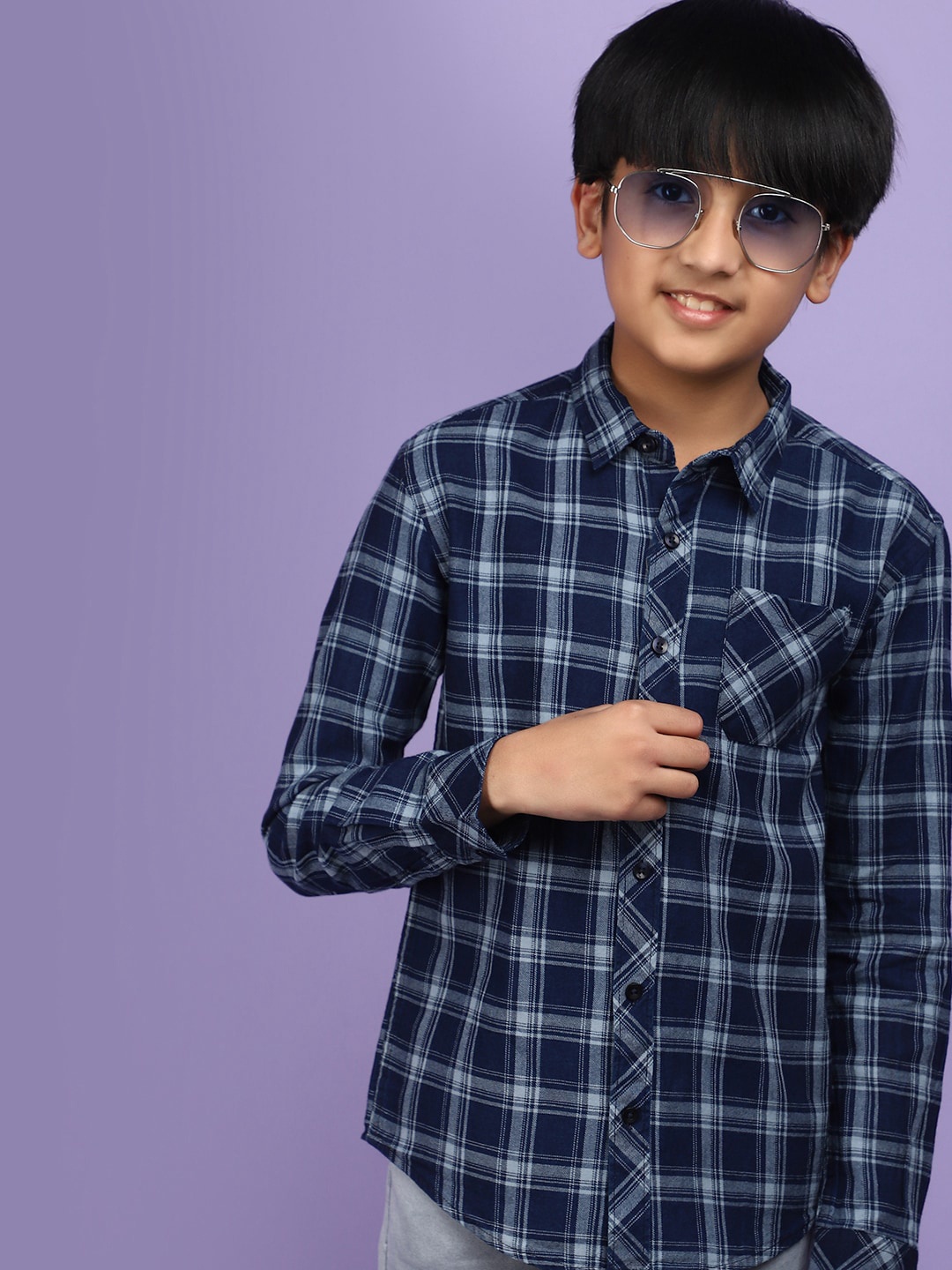 

V-Mart Boys Checked Spread Collar Cotton Casual Shirt, Blue