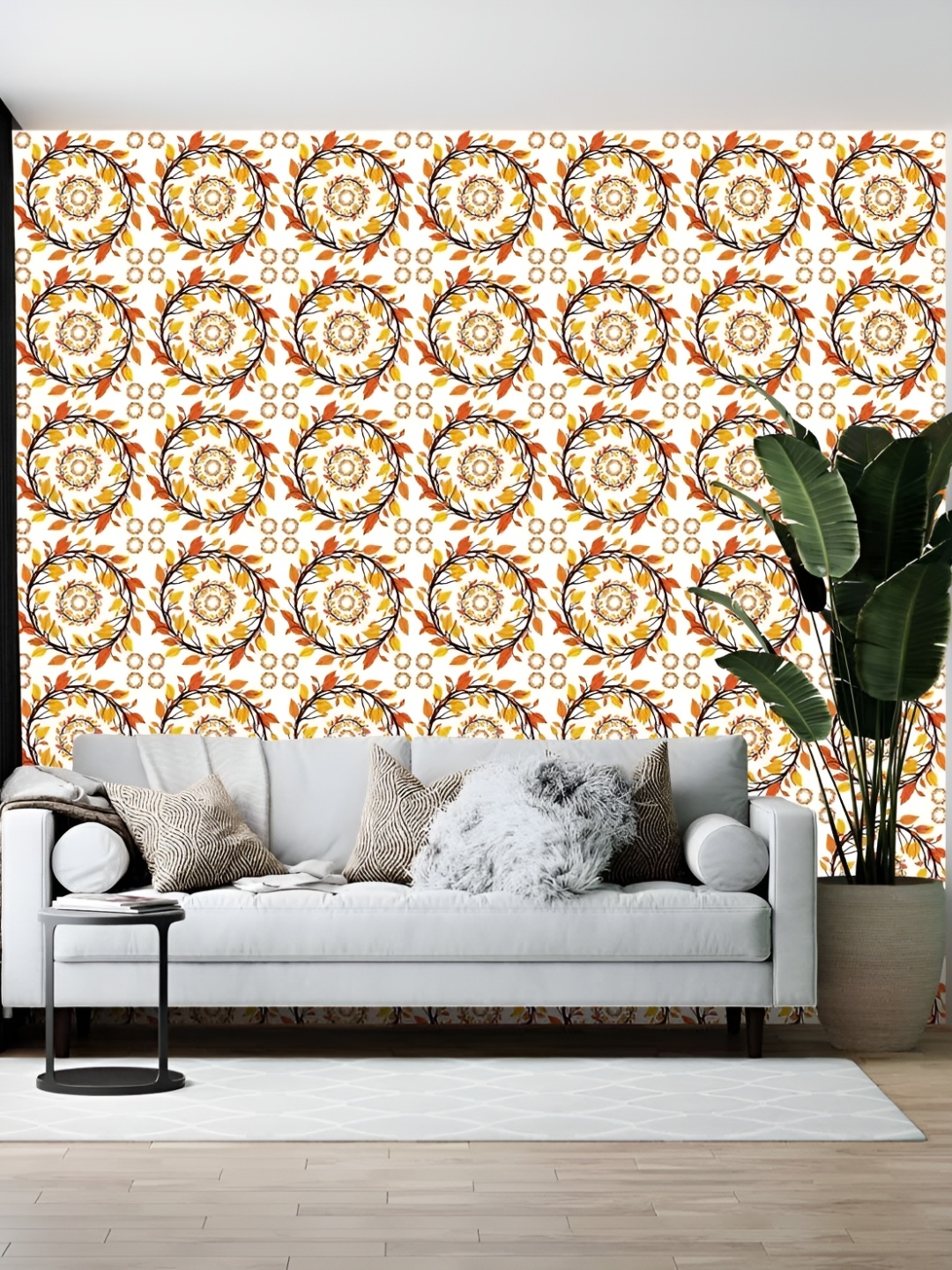 

British Terminal White & Orange Floral Printed Self Adhesive Wall Sticker