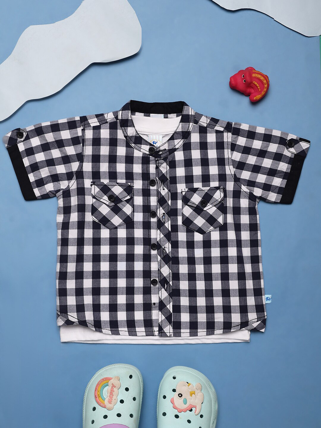 

V-Mart Kids Mandarin Collar Short Sleeves Checked Casual Shirt, Blue
