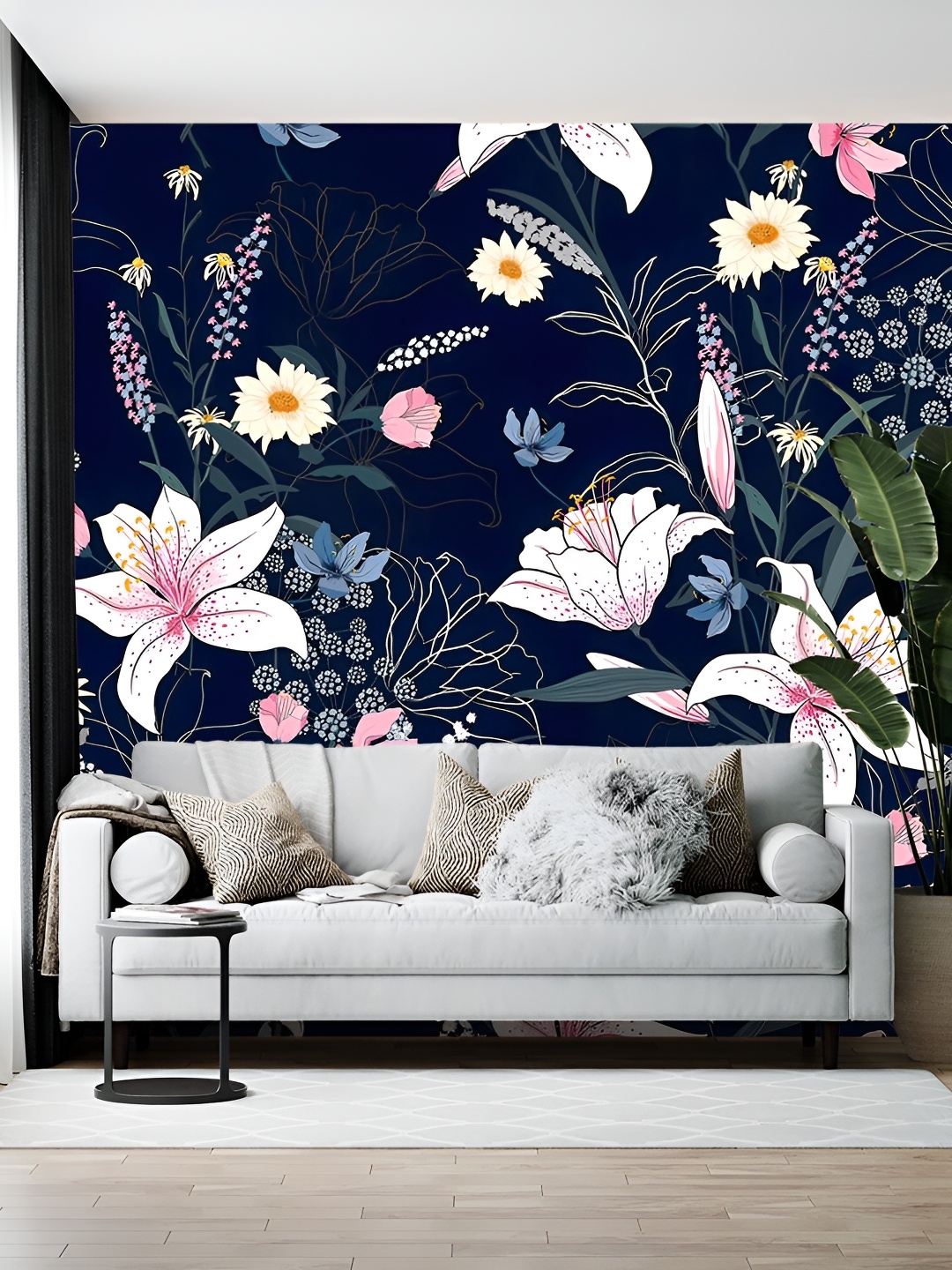 

British Terminal Navy Blue & White Floral Printed Wallpaper