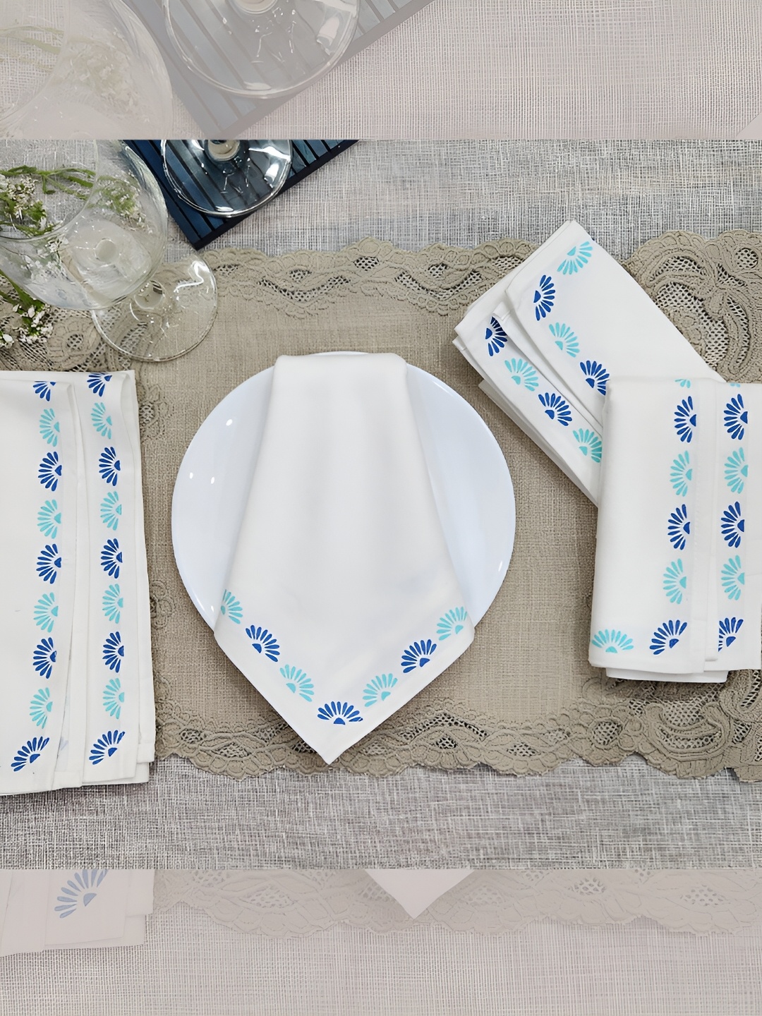 

DESIGN GAATHA 4 Pieces White & Blue Printed Pure Cotton Table Napkins