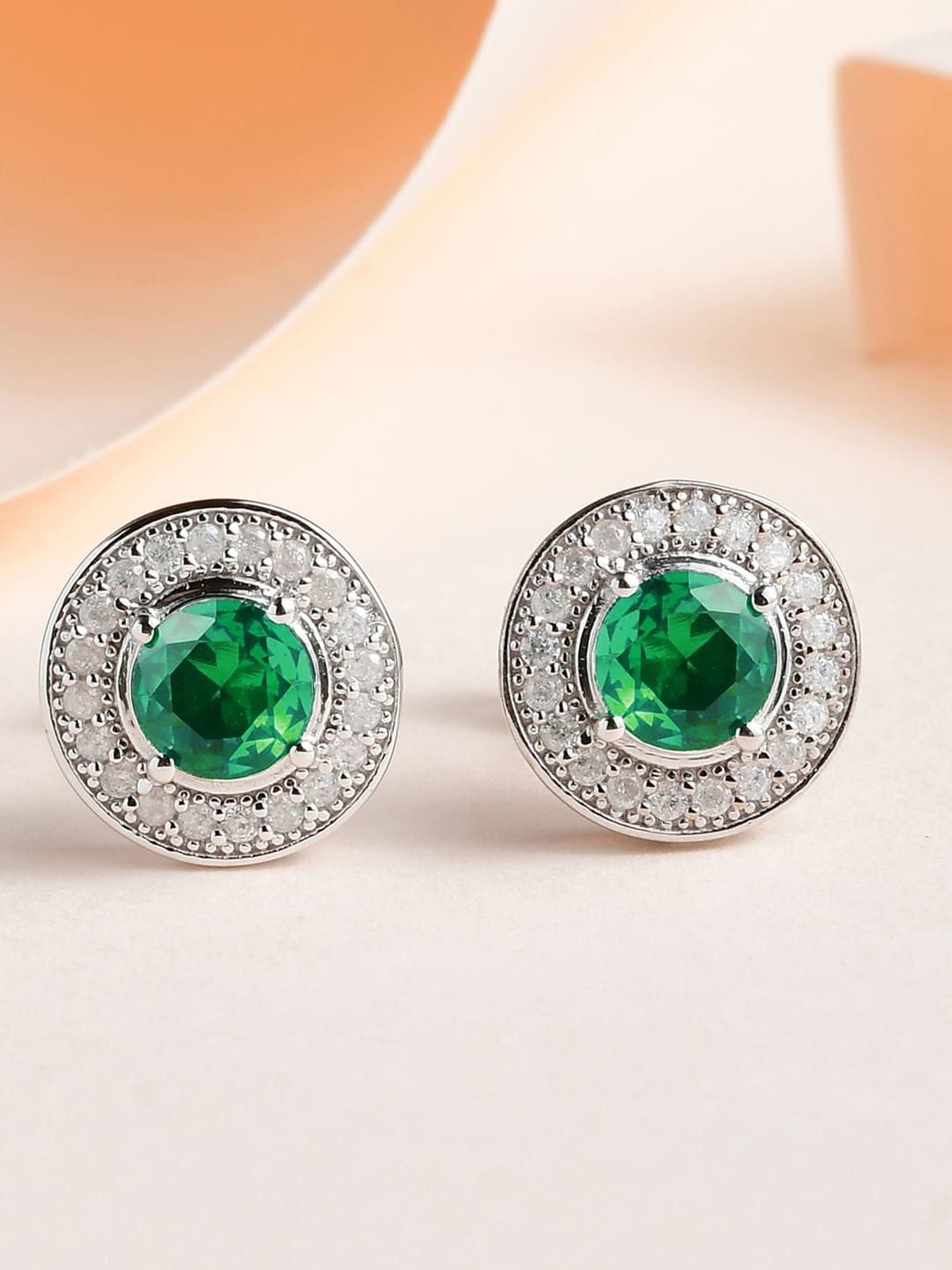 

Ornate Jewels Rhodium Plated Sterling Silver Emerald Circular Studs, Green