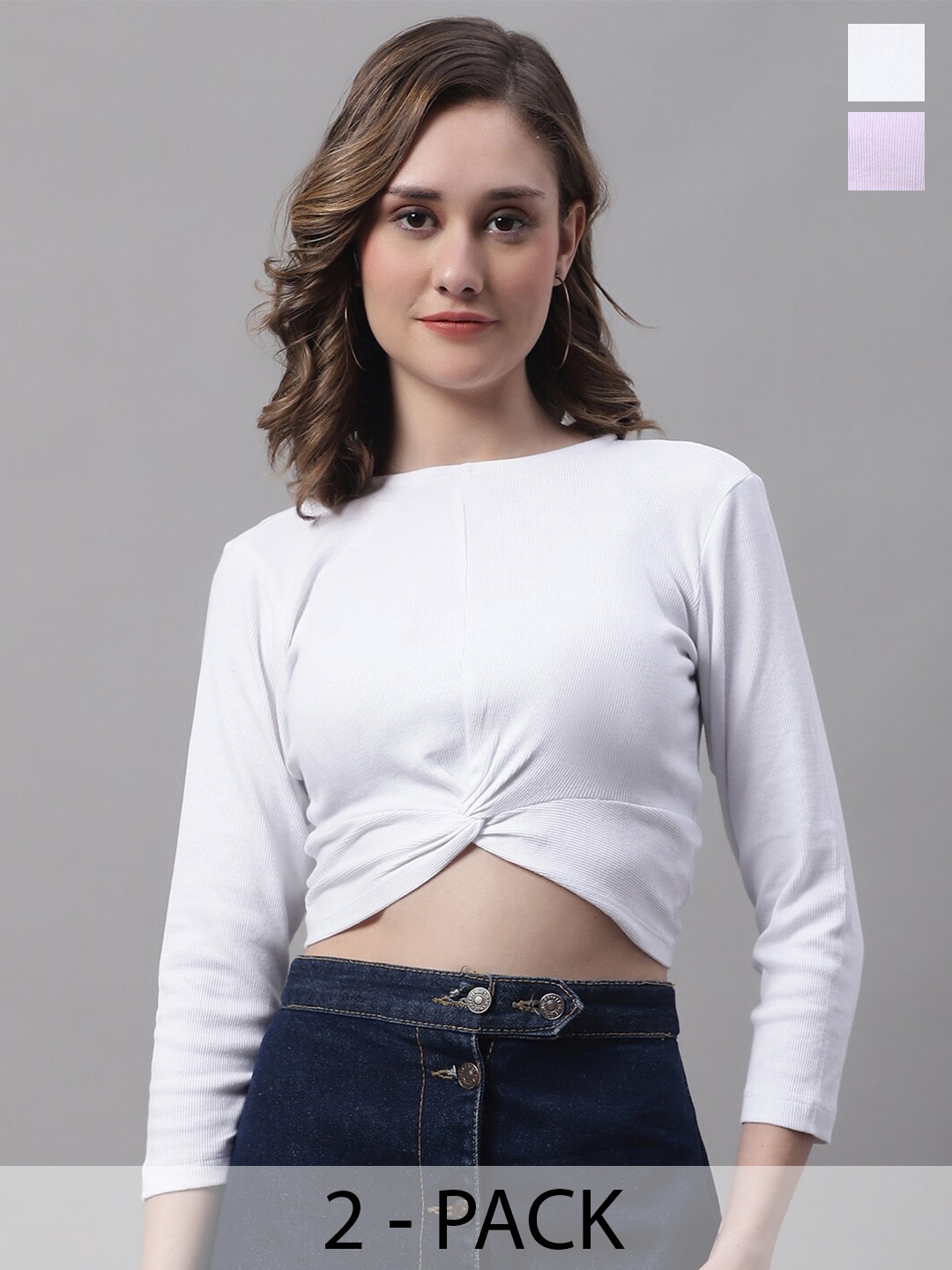 

FBAR Pack Of 2 Round Neck Three-Quarter Sleeves Twisted Crop Tops, White
