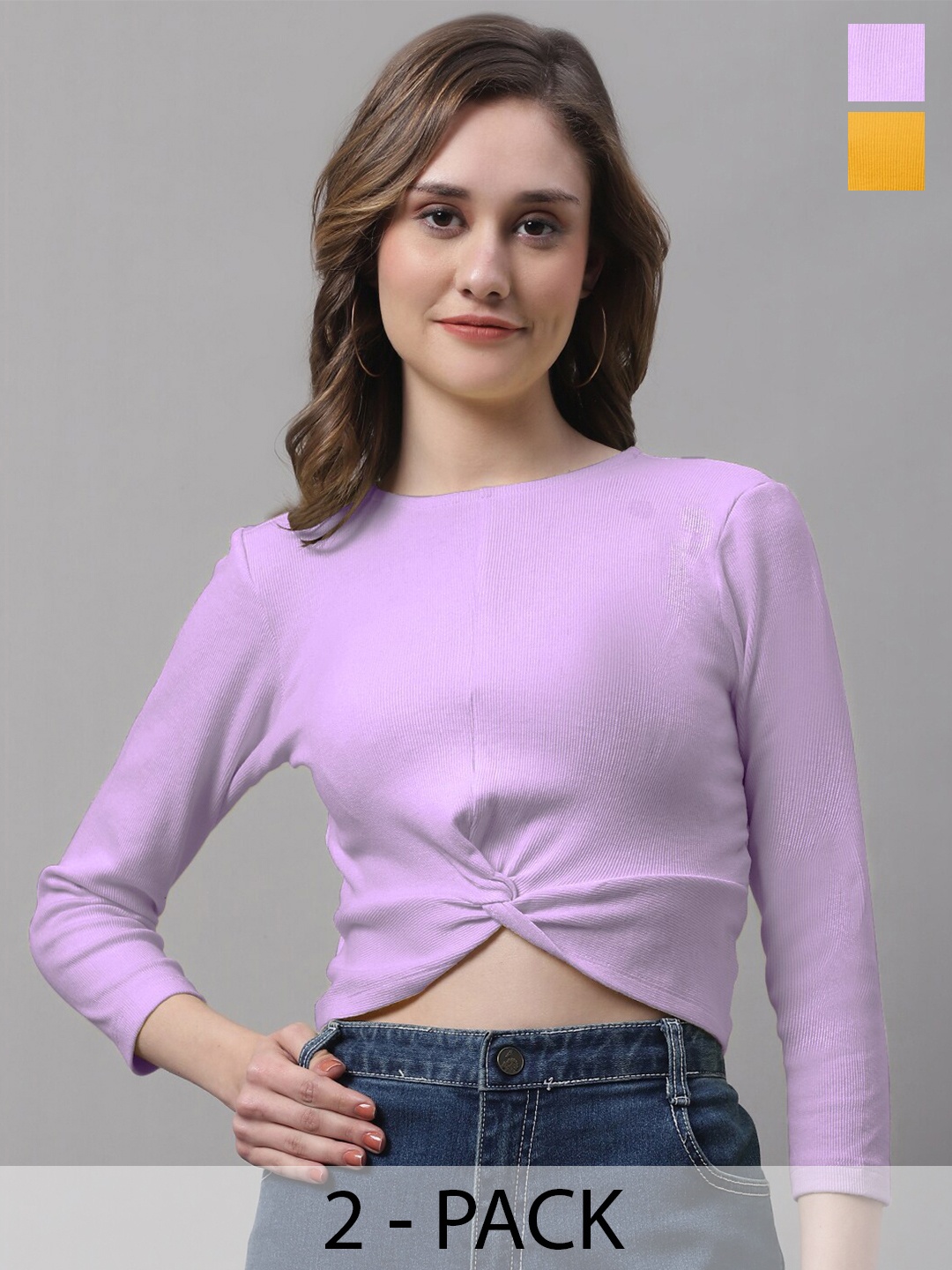 

FBAR Pack Of 2 Cotton Crop Three-Quartered Sleeves Twisted Fitted Tops, Purple