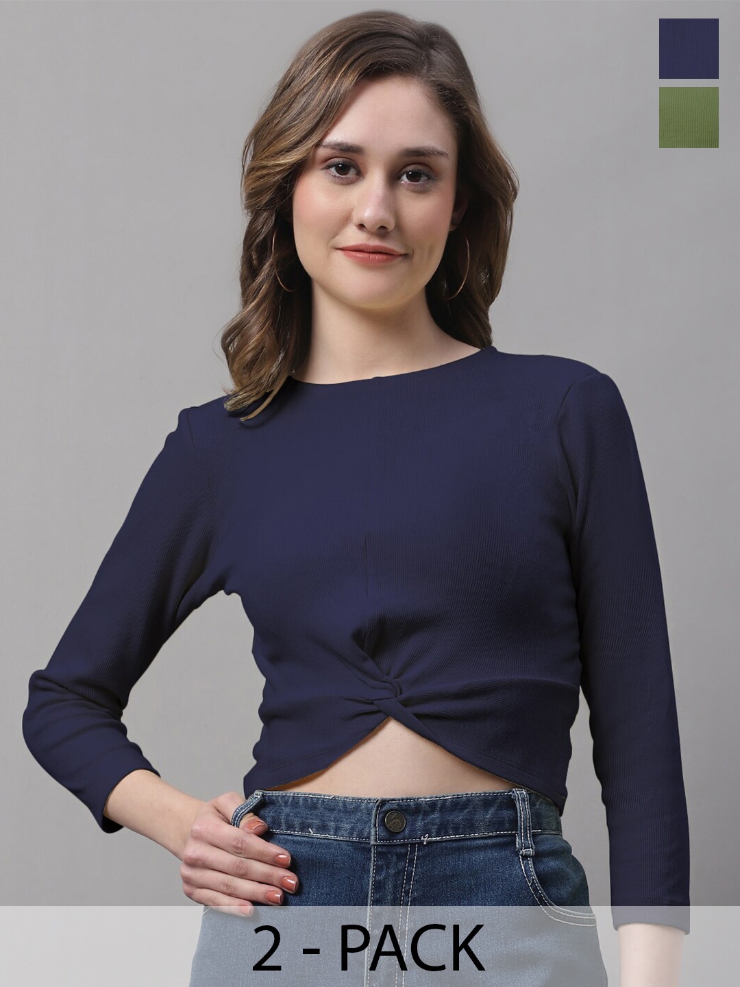 

FBAR Pack Of 2 Cotton Crop Tops, Navy blue