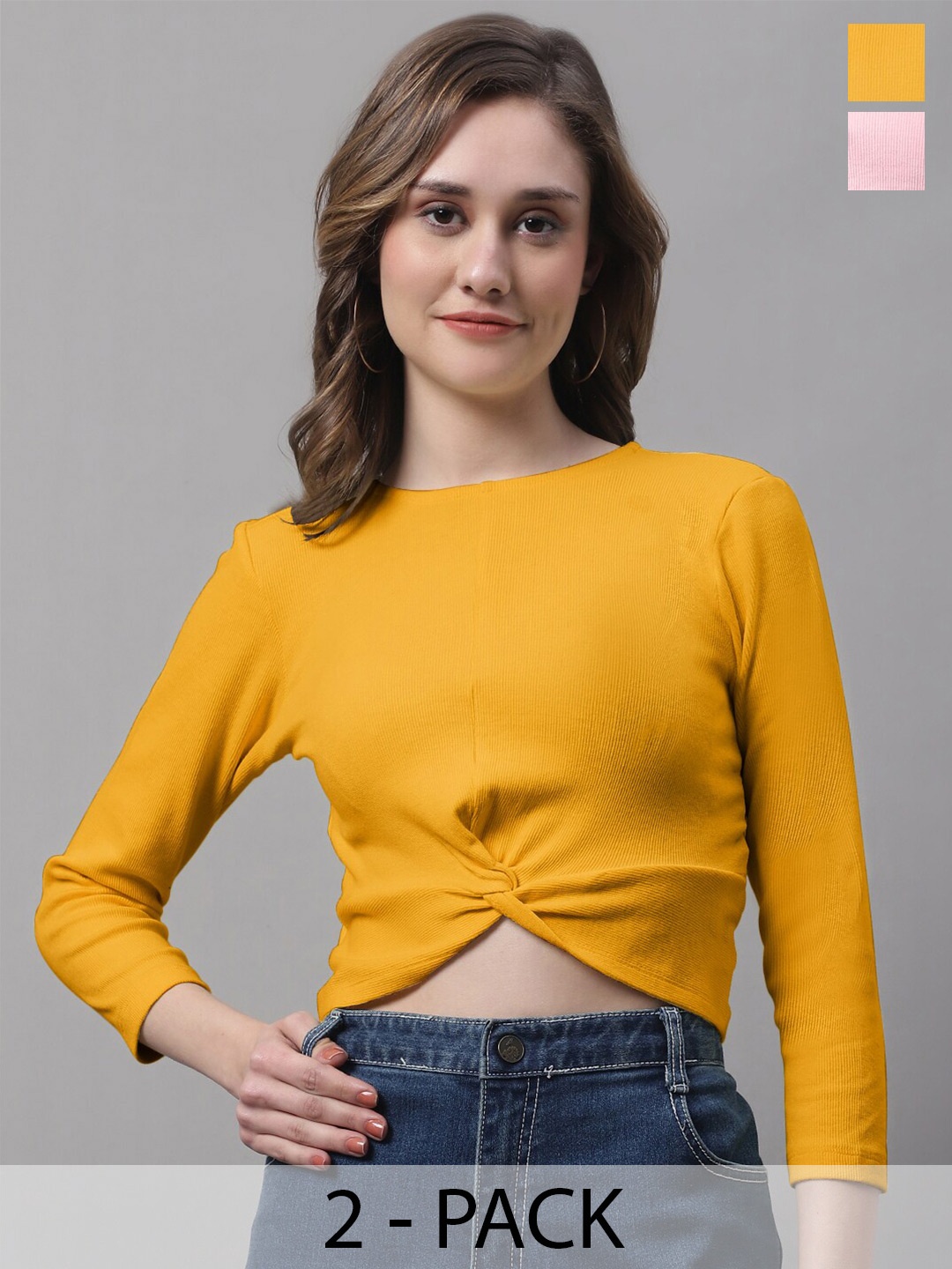 

FBAR Pack Of 2 Cotton Three-Quarter Sleeves Twisted Fitted Crop Tops, Mustard