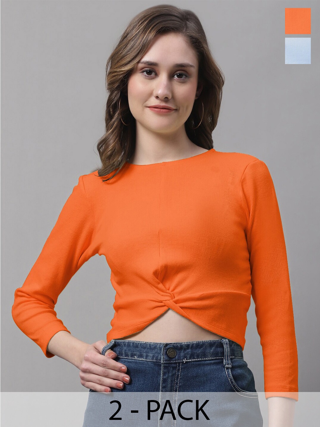 

FBAR Pack Of 2 Cotton Three-Quarter Sleeves Twisted Fitted Crop Tops, Orange