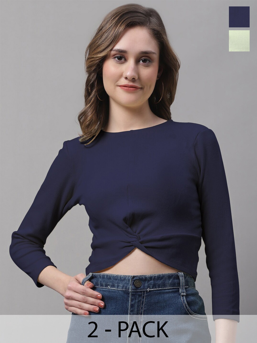 

FBAR Pack Of 2 Ribbed Round Neck Cotton Crop Top, Navy blue