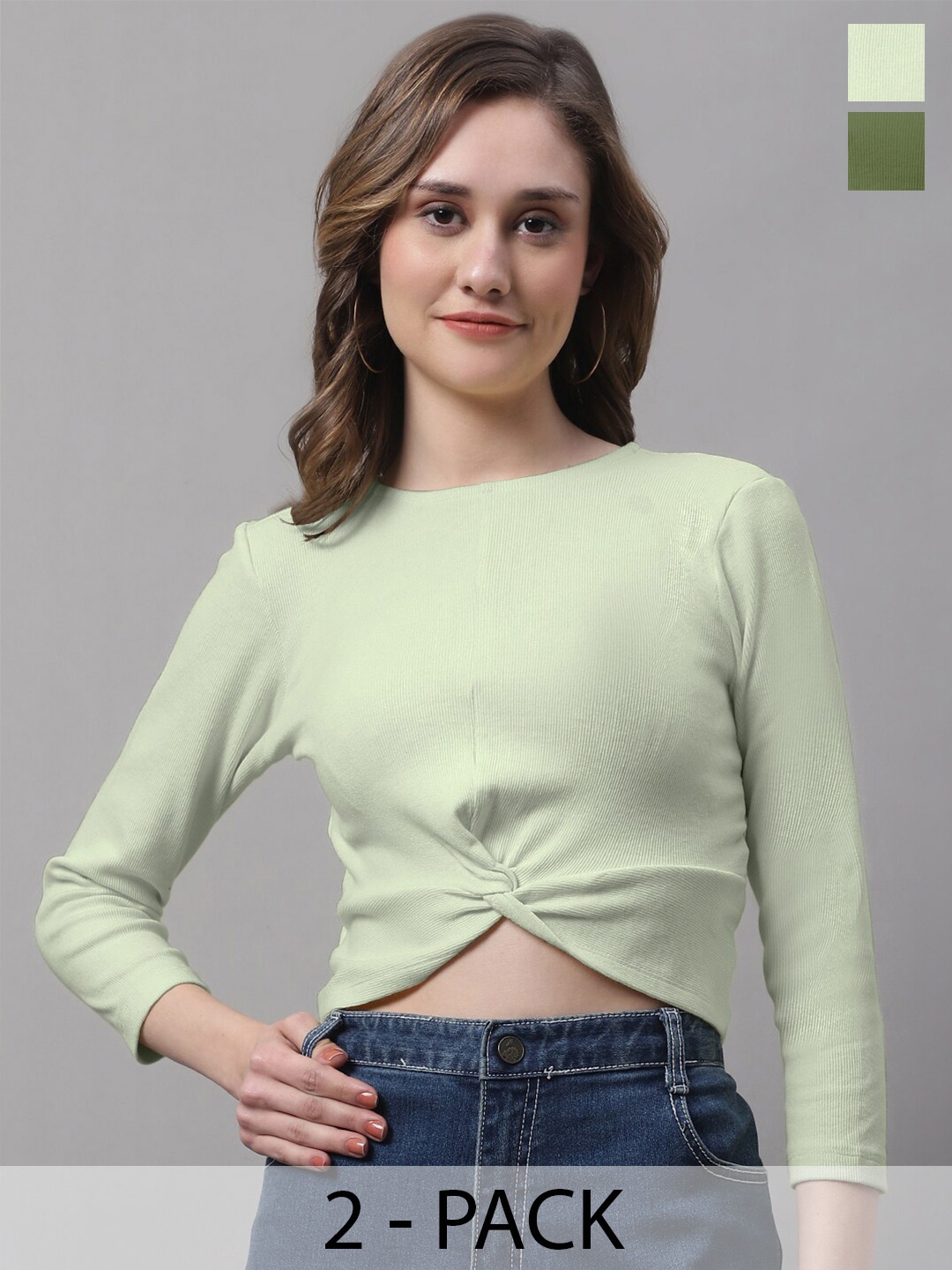 

FBAR Pack Of 2 Ribbed Round Neck Cotton Crop Top, Sea green