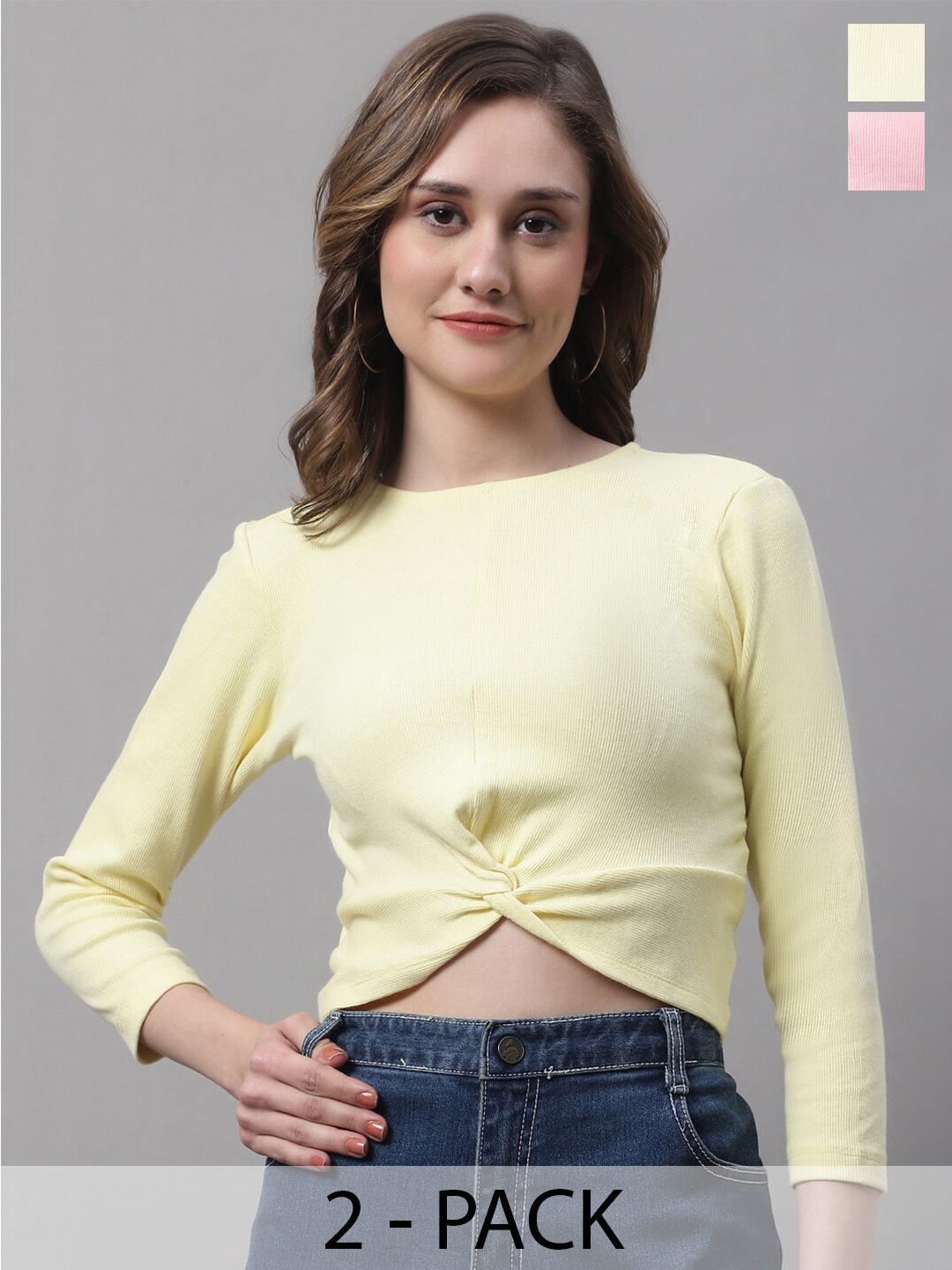 

FBAR Pack Of 2 Ribbed Round Neck Cotton Crop Top, Yellow