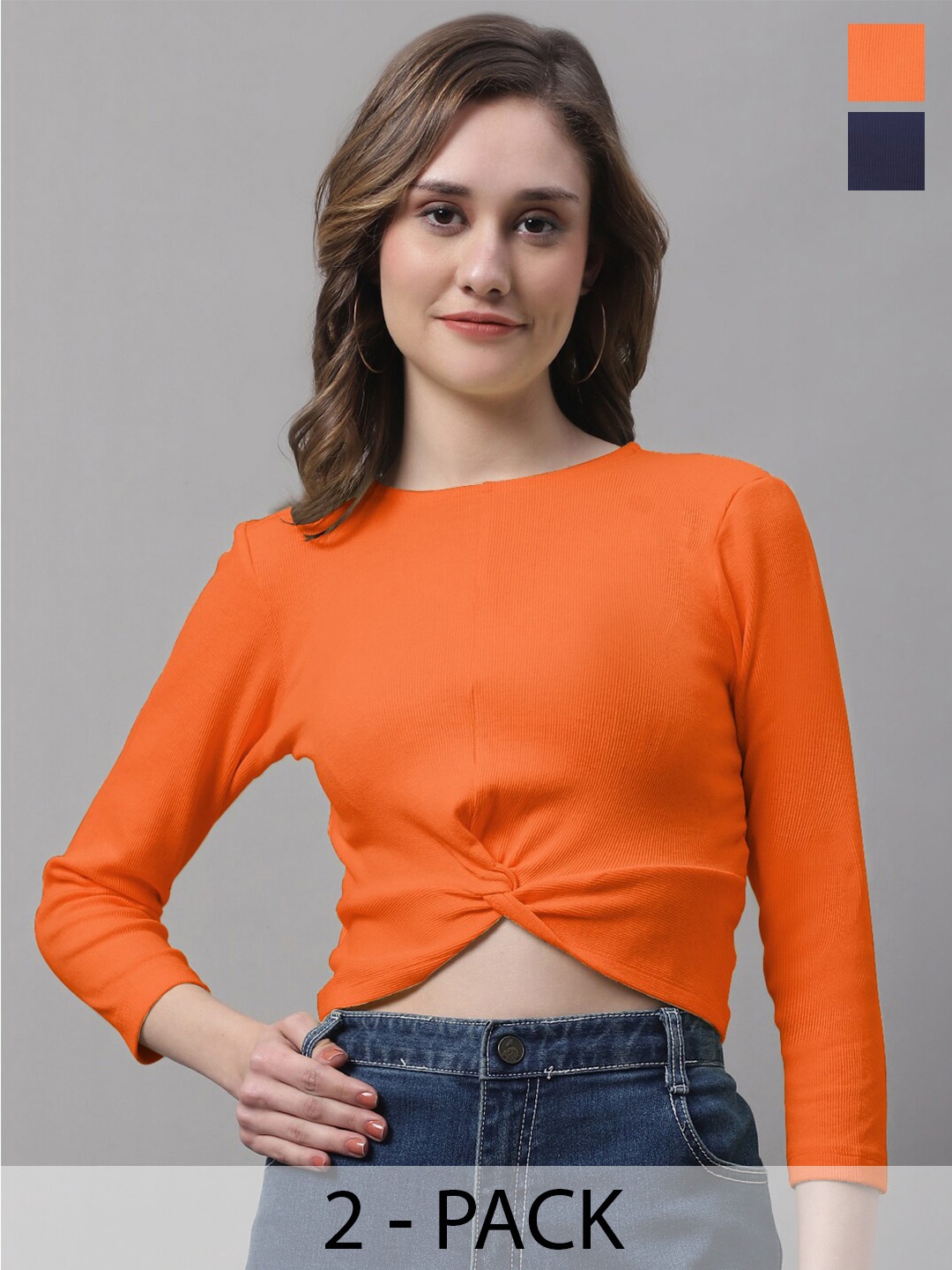 

FBAR Pack Of 2 Ribbed Round Neck Cotton Crop Top, Orange