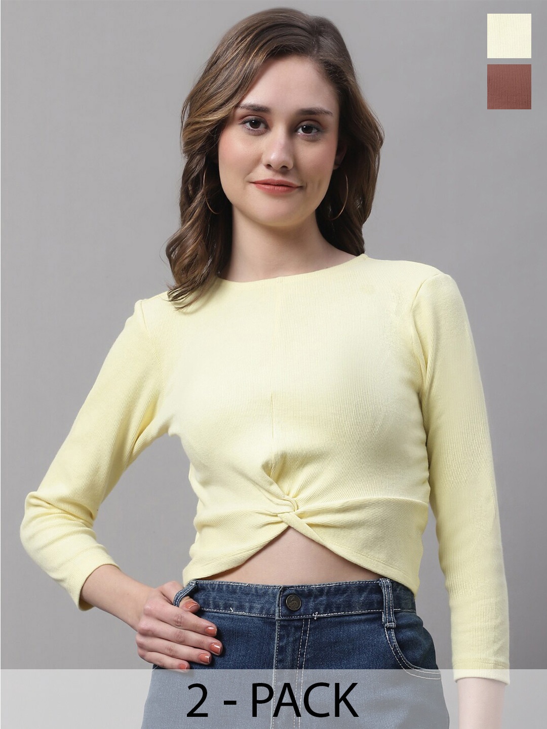 

FBAR Pack Of 2 Ribbed Round Neck Cotton Crop Top, Yellow